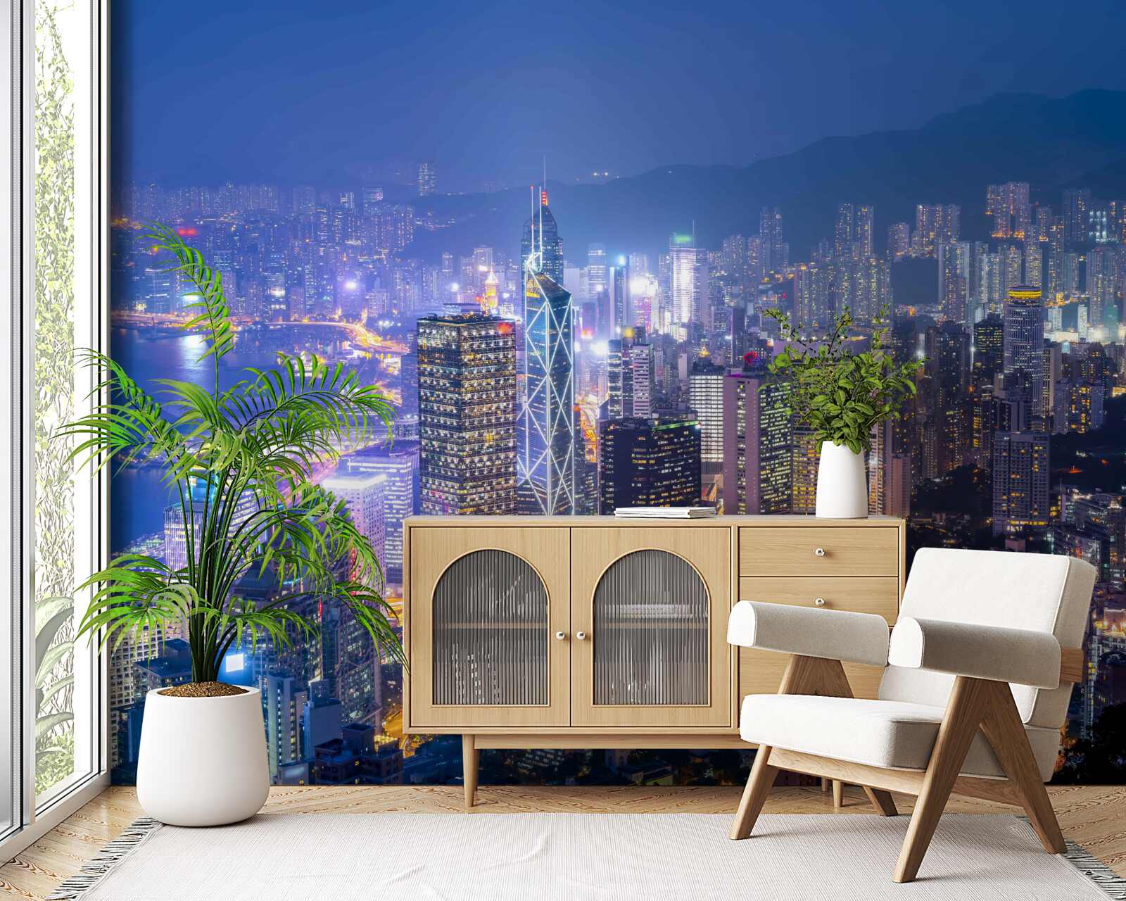 Carta da parati vista panoramica di hong kong di notte dalla torre di osservazione