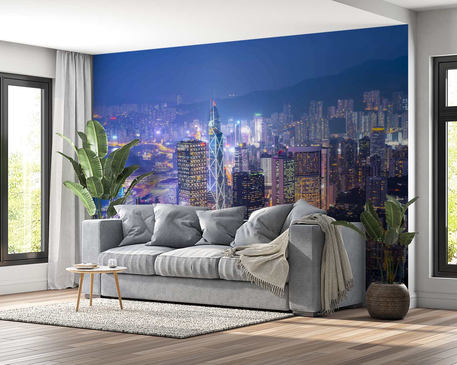 Carta da parati vista panoramica di hong kong di notte dalla torre di osservazione