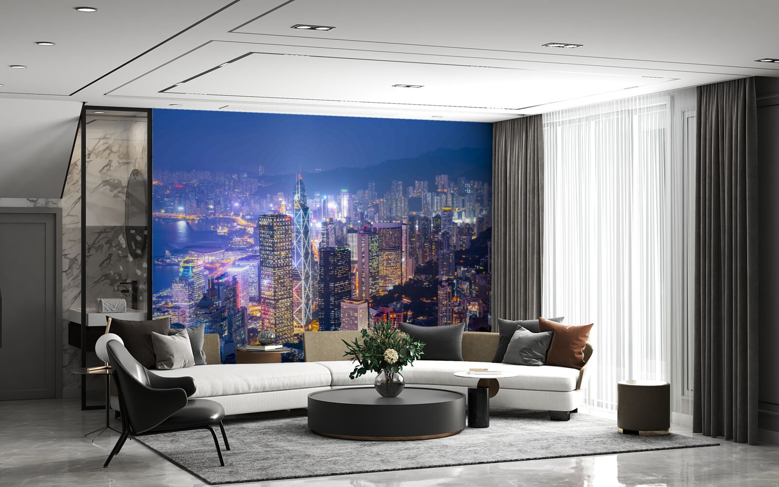 Carta da parati vista panoramica di hong kong di notte dalla torre di osservazione