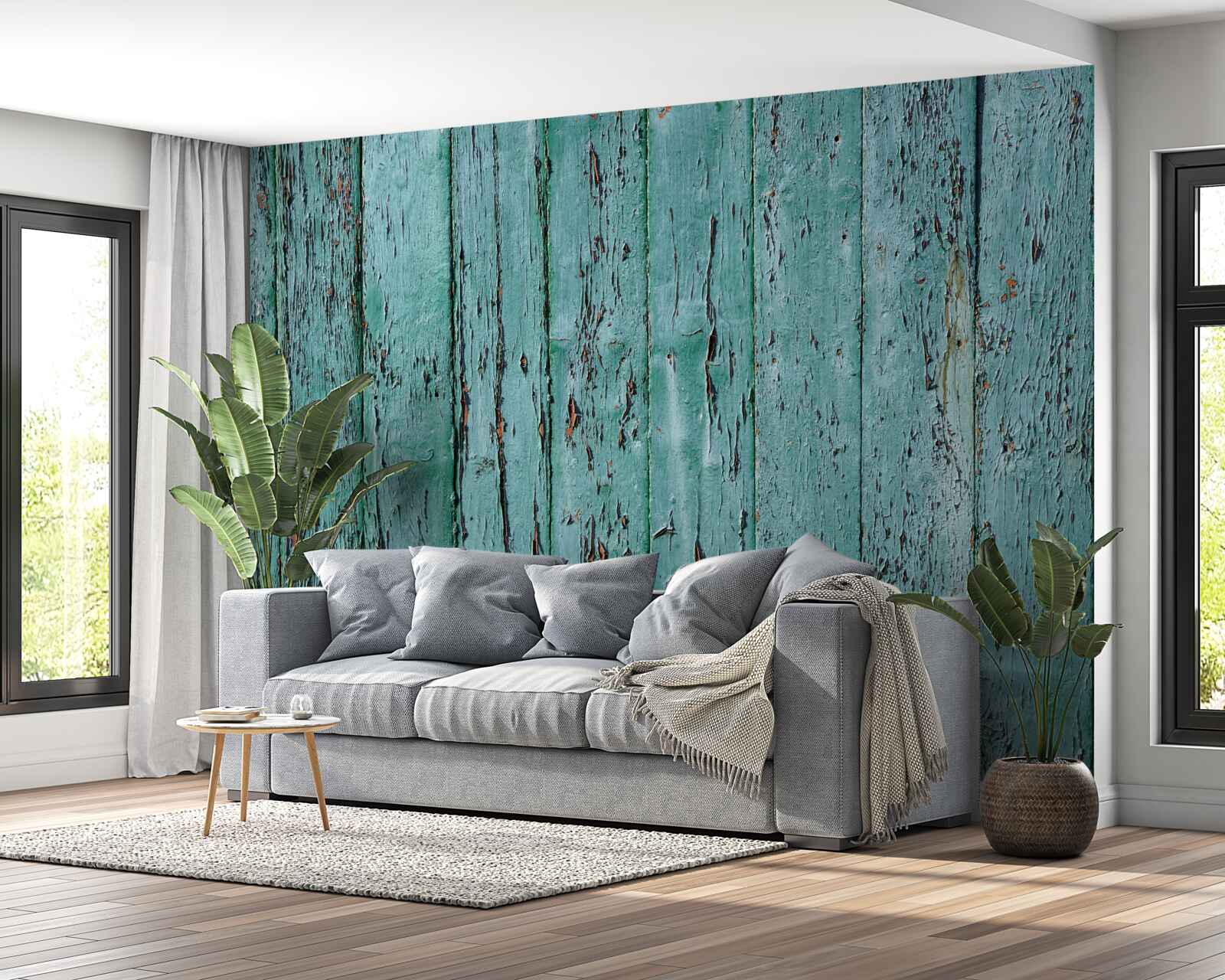 Carta da parati tavole di legno, verniciate in verde menta, vecchie