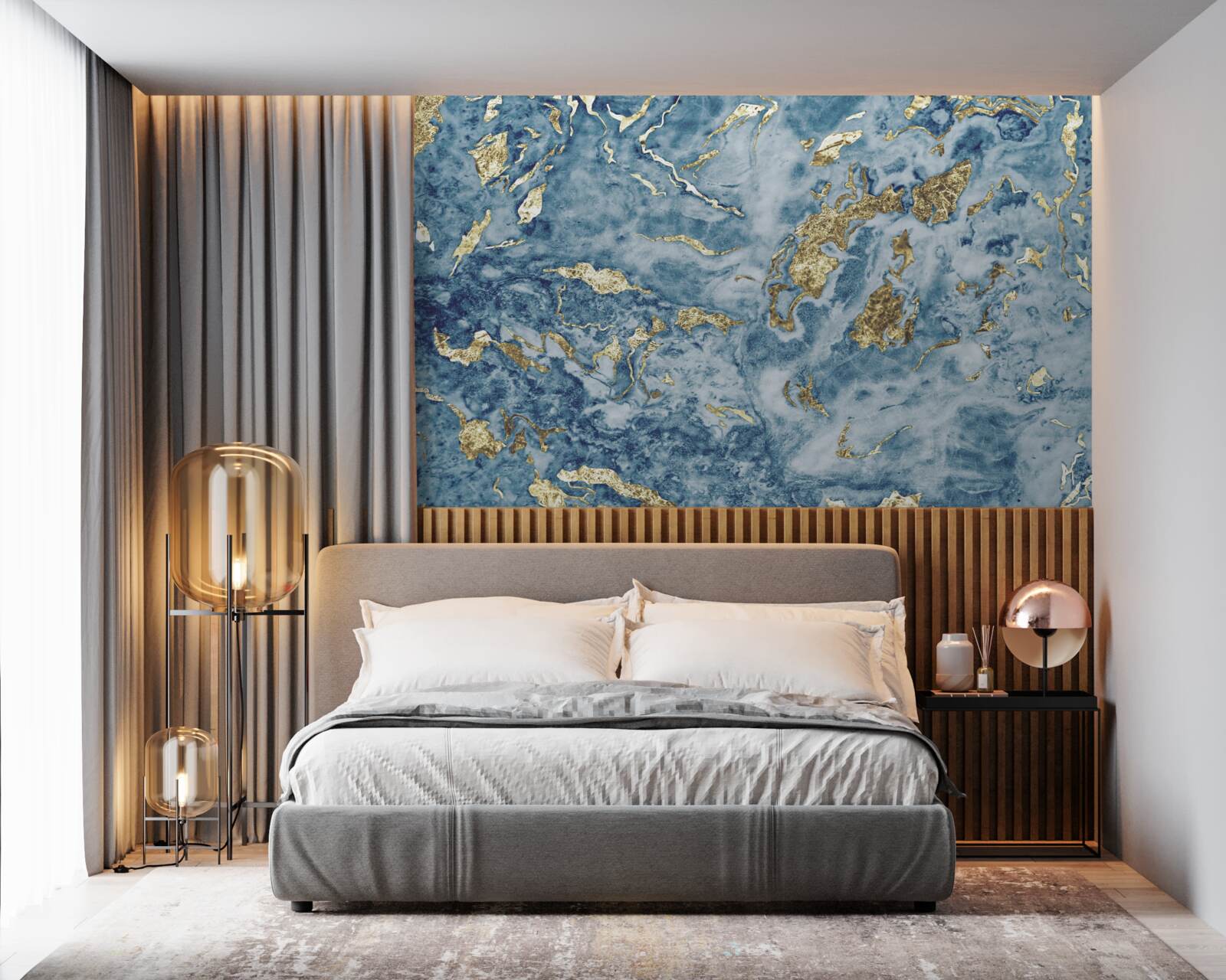 Carta da parati marmo blu con venature dorate