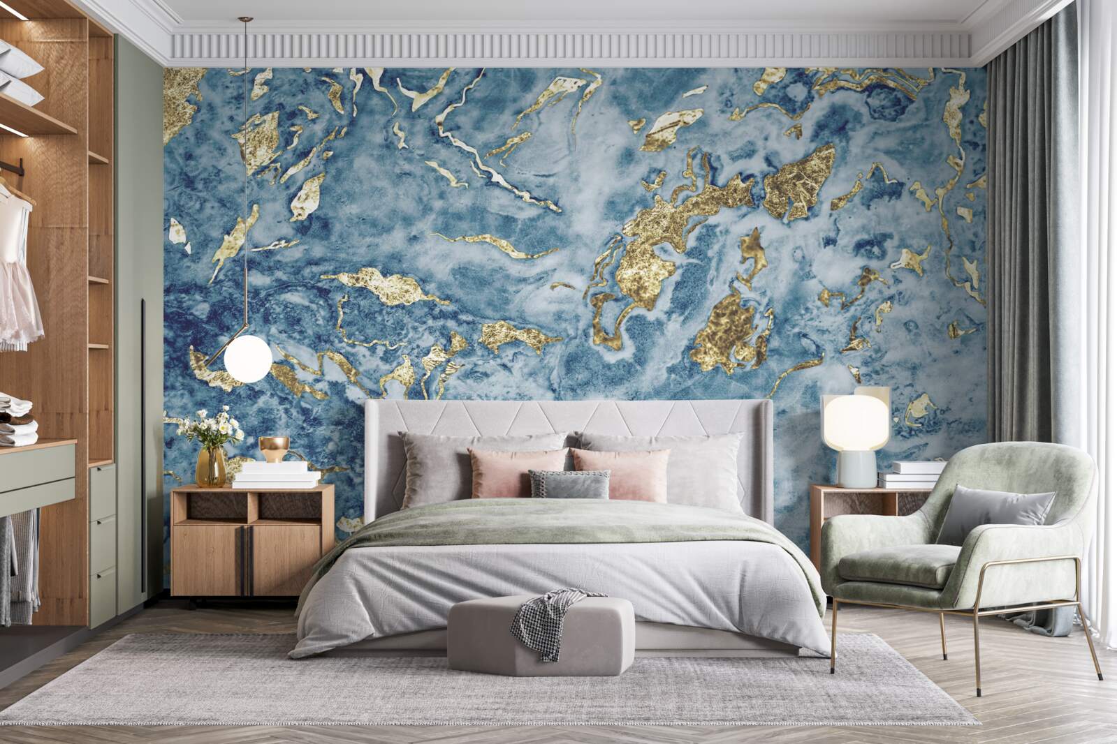 Carta da parati marmo blu con venature dorate