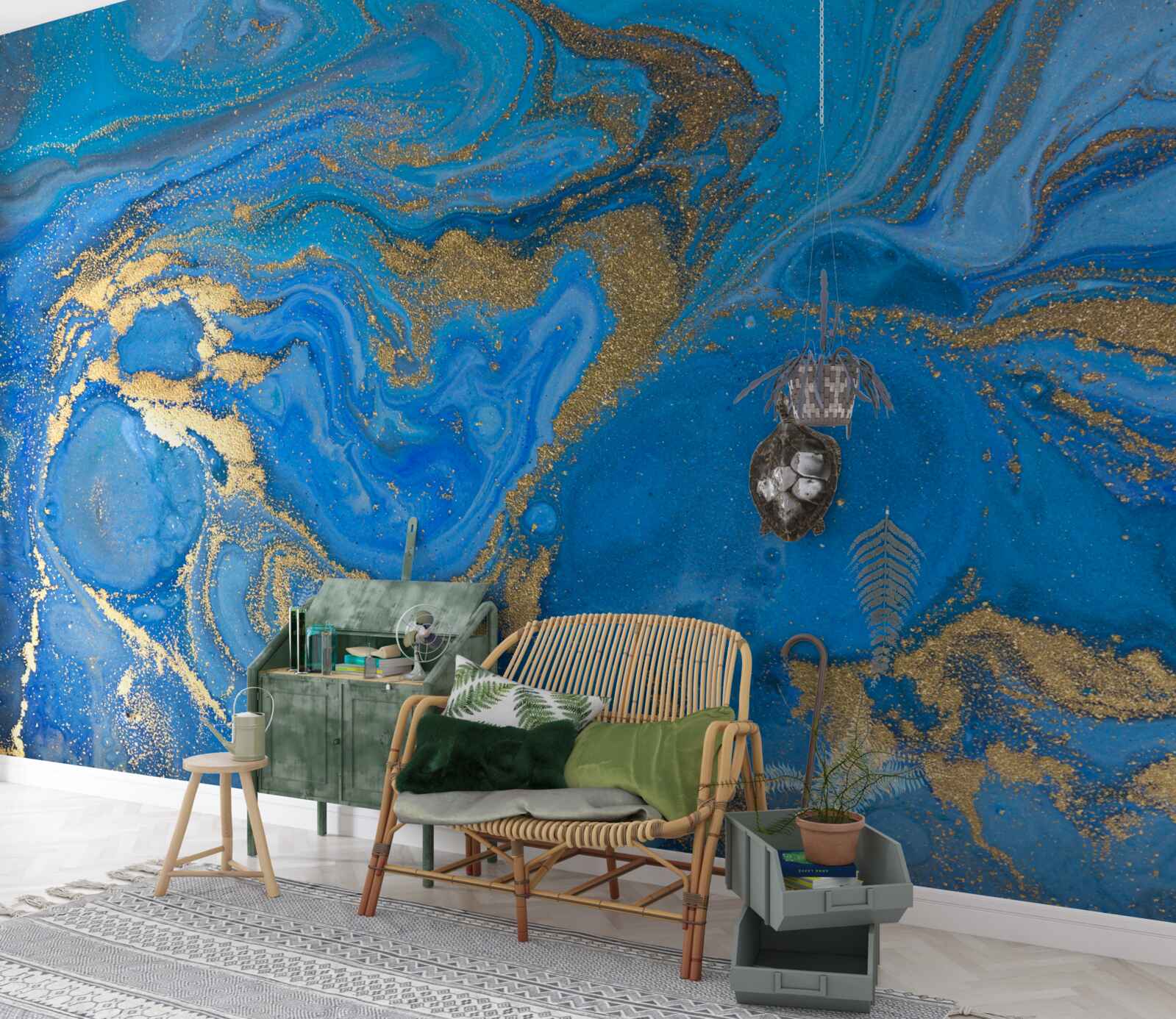 Carta da parati blu e oro in stile marmo