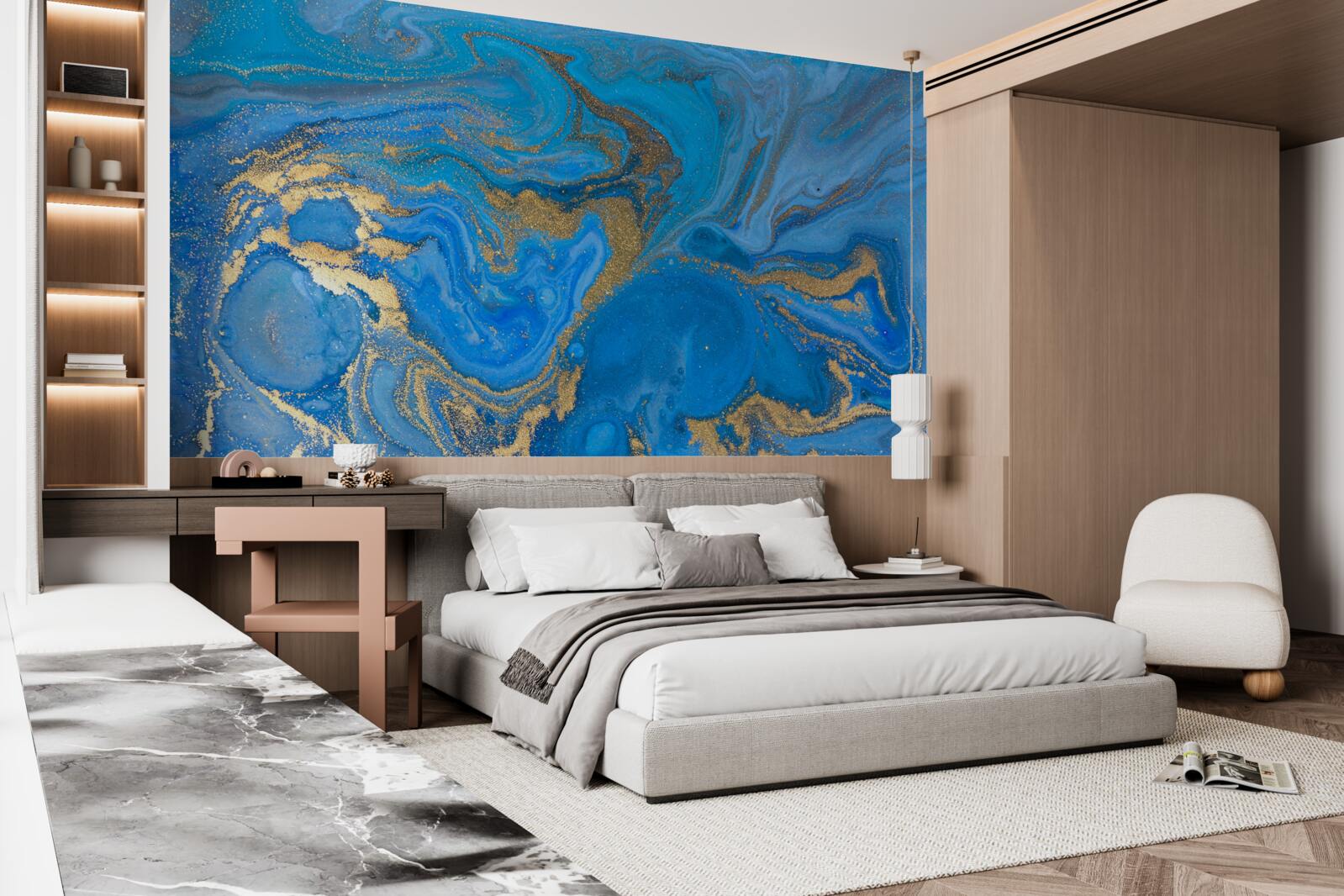 Carta da parati blu e oro in stile marmo