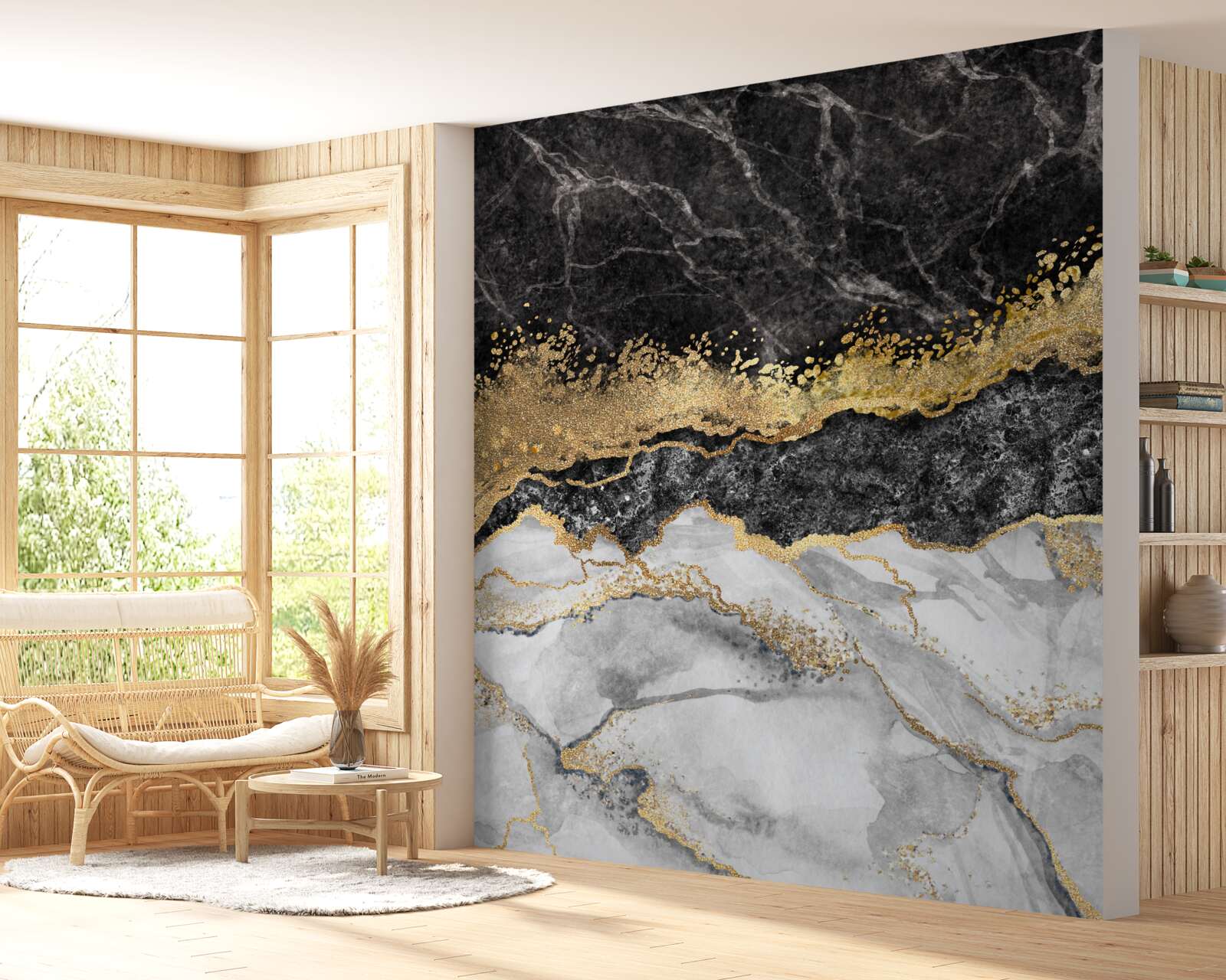 Carta da parati marmo bianco traforato di nero e oro