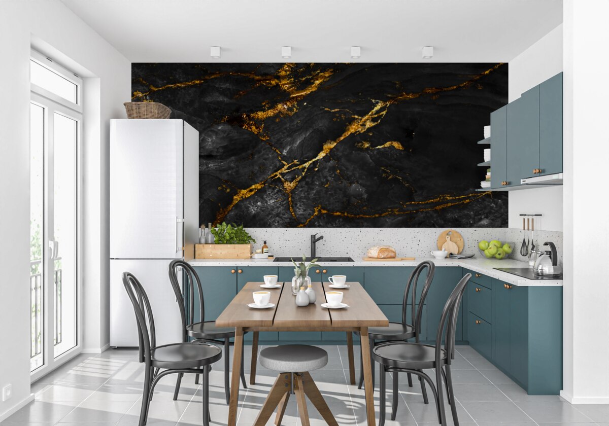 Carta da parati marmo nero con venature dorate