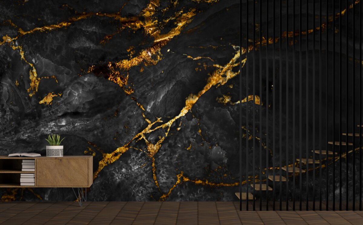 Carta da parati marmo nero con venature dorate