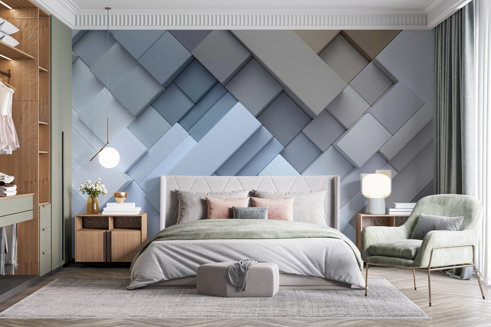 Carta da parati pittura astratta con colori blu e forma rettangolare