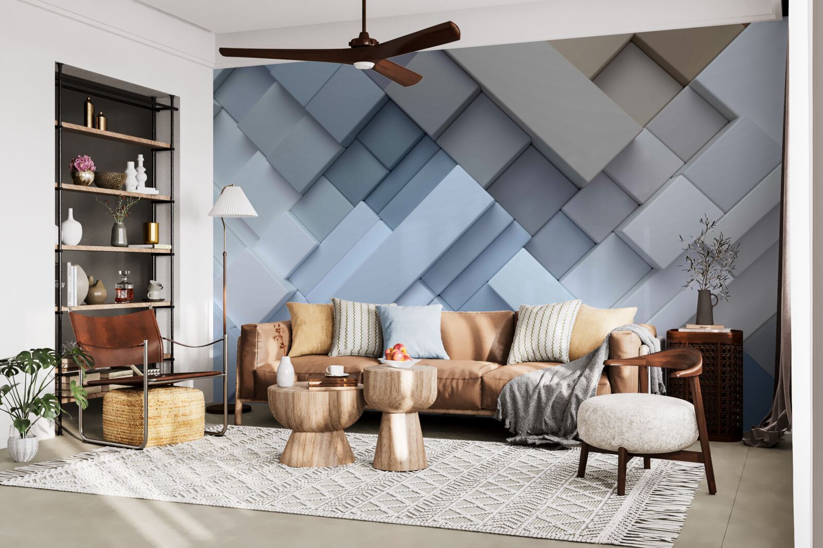 Carta da parati pittura astratta con colori blu e forma rettangolare