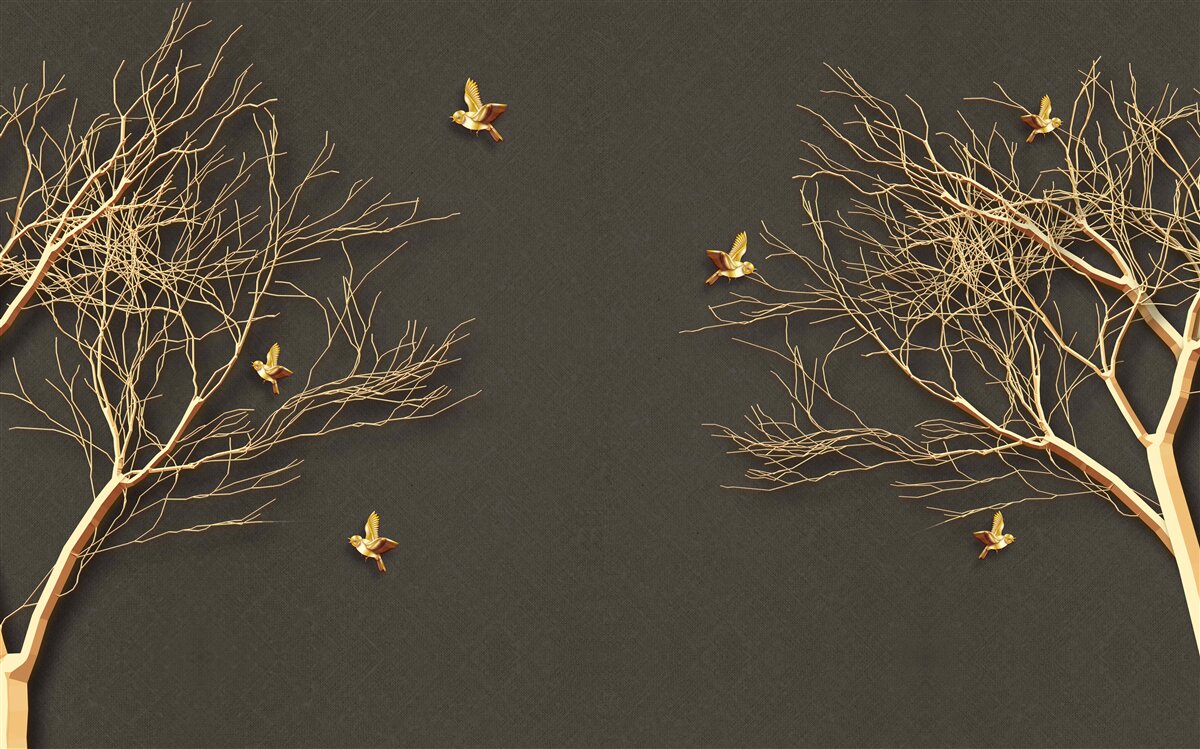 Carta da parati alberi dorati e farfalle contro l'oscurità del cielo notturno