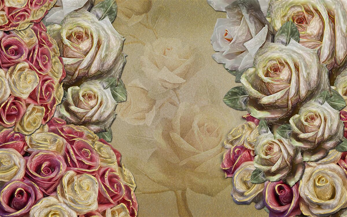 Carta da parati composizione vintage combina rose bianche e rosse