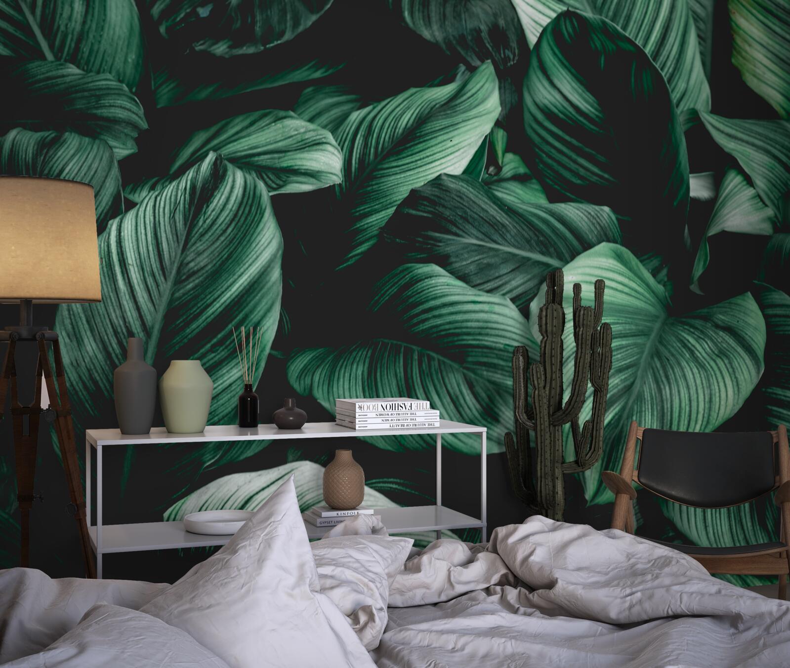 Carta da parati foglie tropicali verde scuro