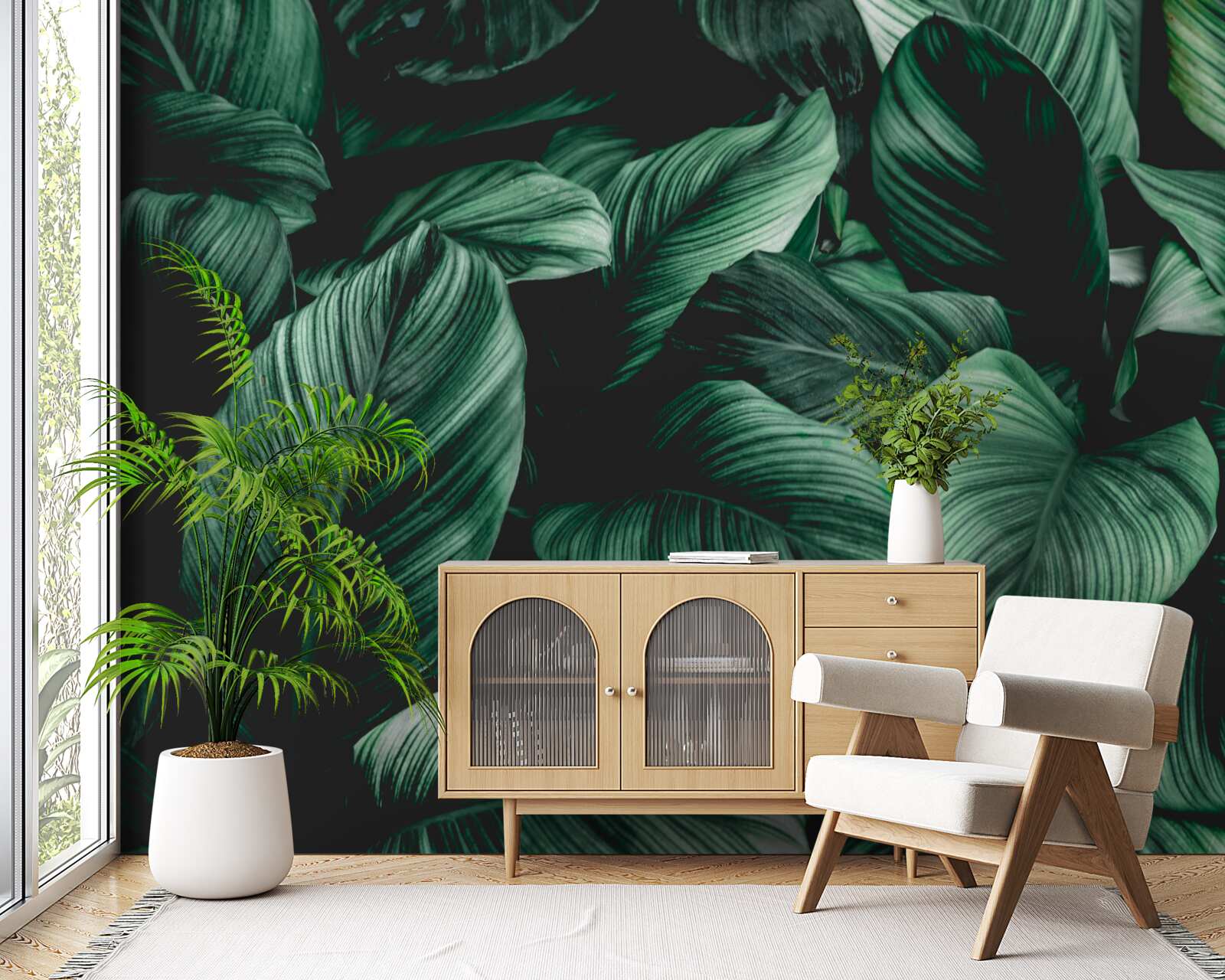 Carta da parati foglie tropicali verde scuro