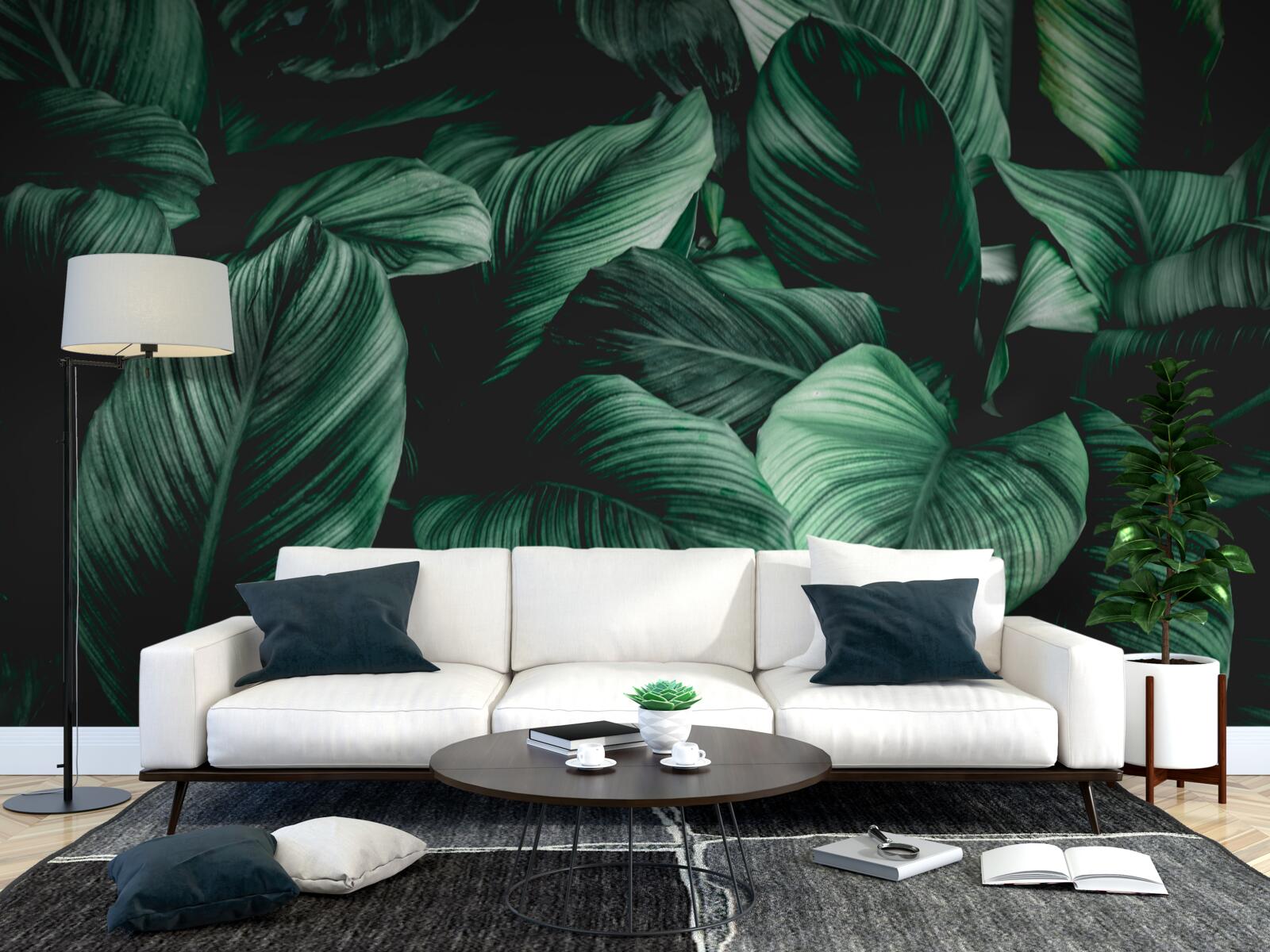 Carta da parati foglie tropicali verde scuro