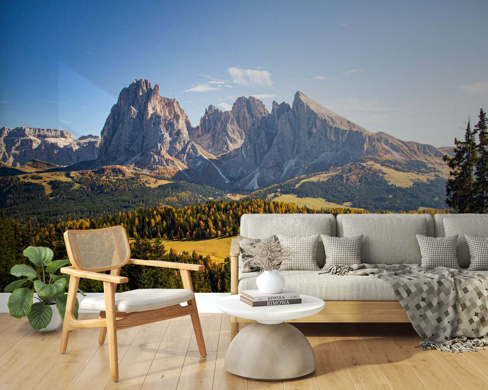 Carta da parati fitta foresta e imponenti montagne del Langkofel