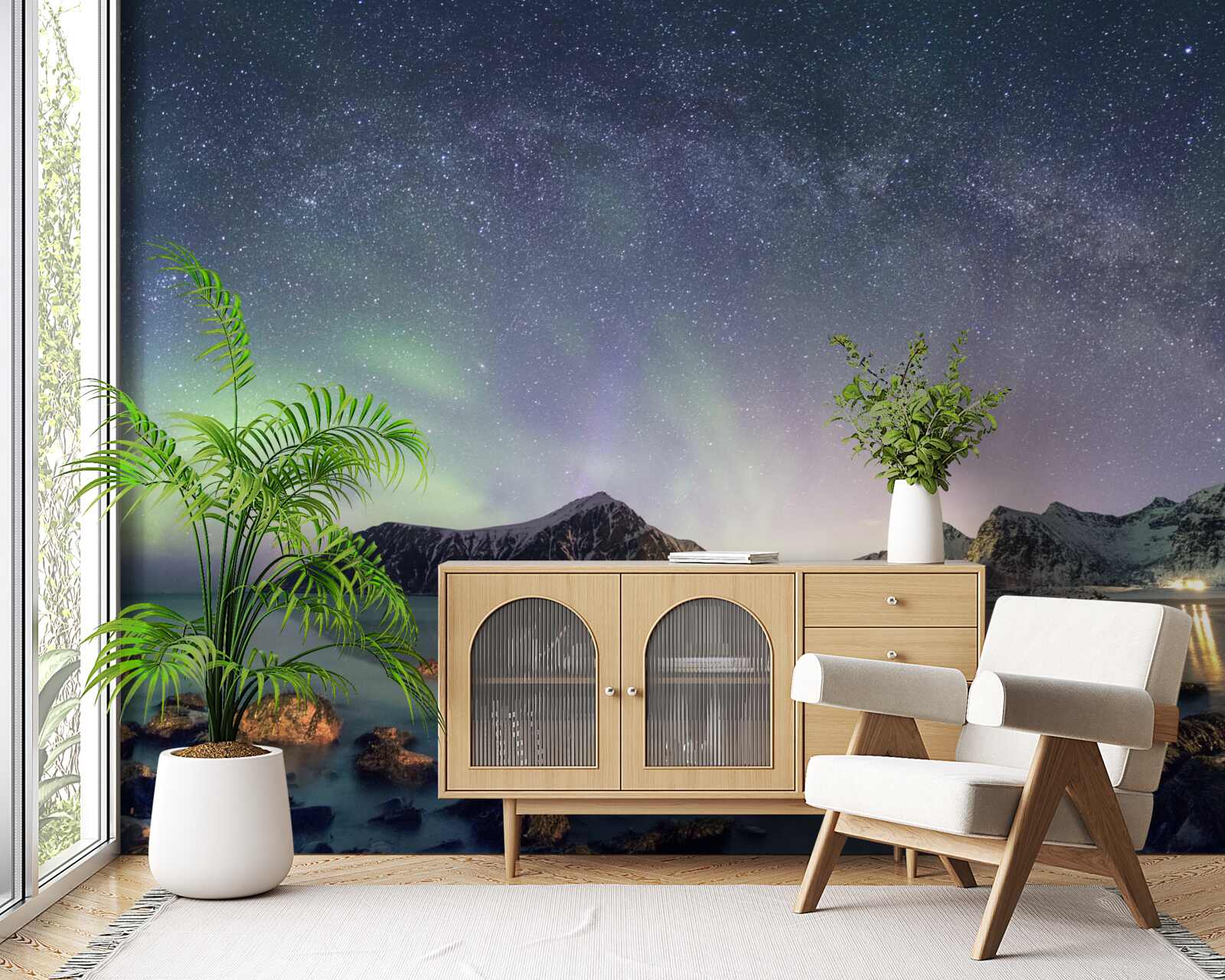Carta da parati il cielo notturno decorato di stelle e illuminato dall'aurora boreale