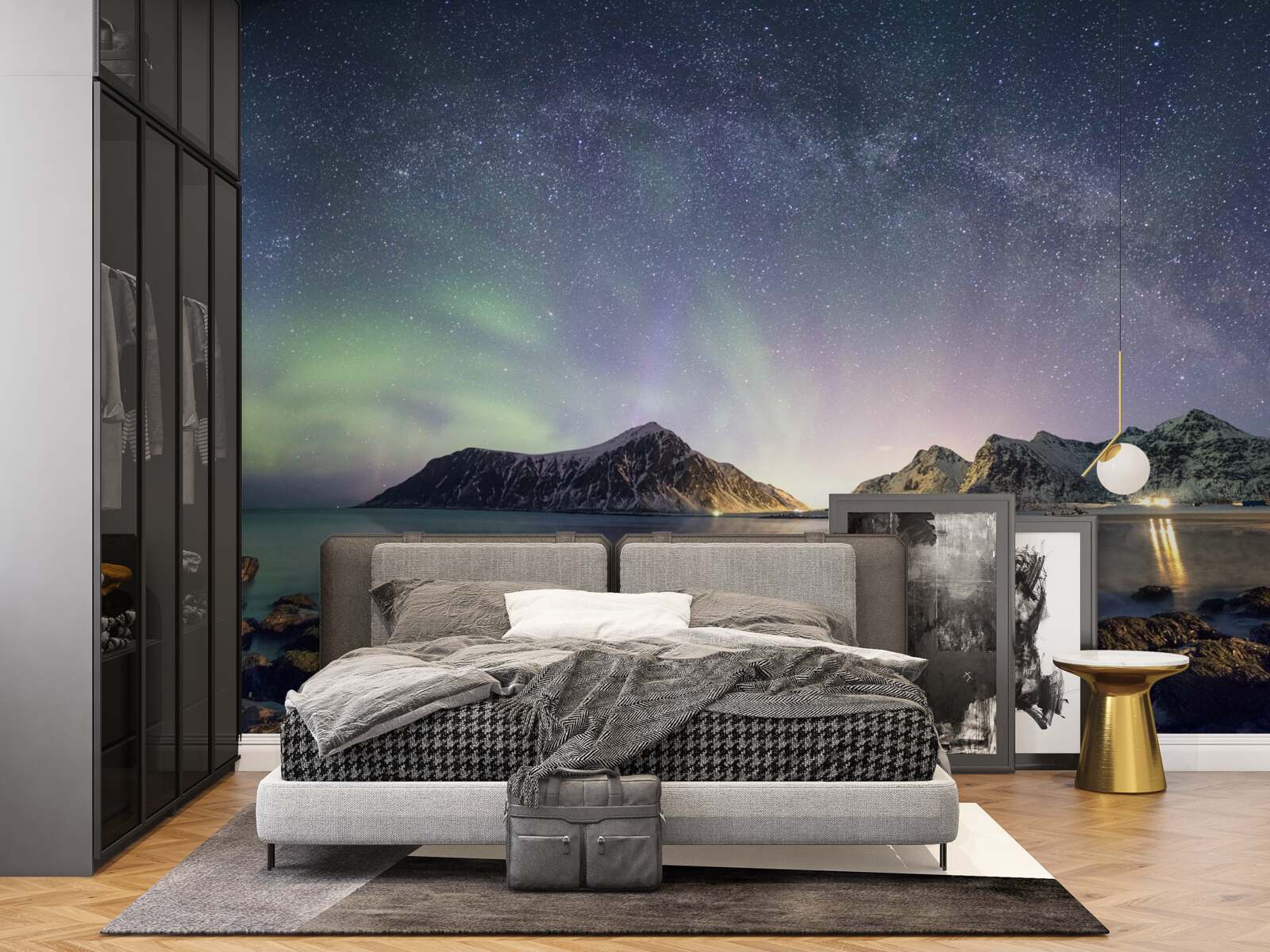 Carta da parati il cielo notturno decorato di stelle e illuminato dall'aurora boreale