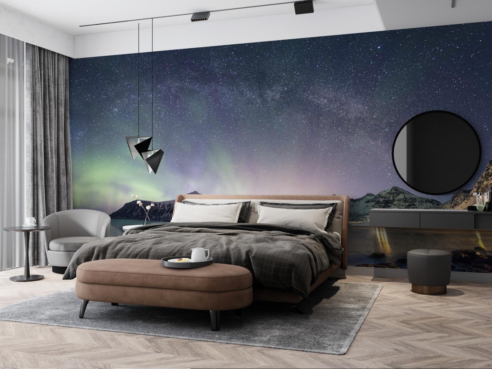 Carta da parati il cielo notturno decorato di stelle e illuminato dall'aurora boreale