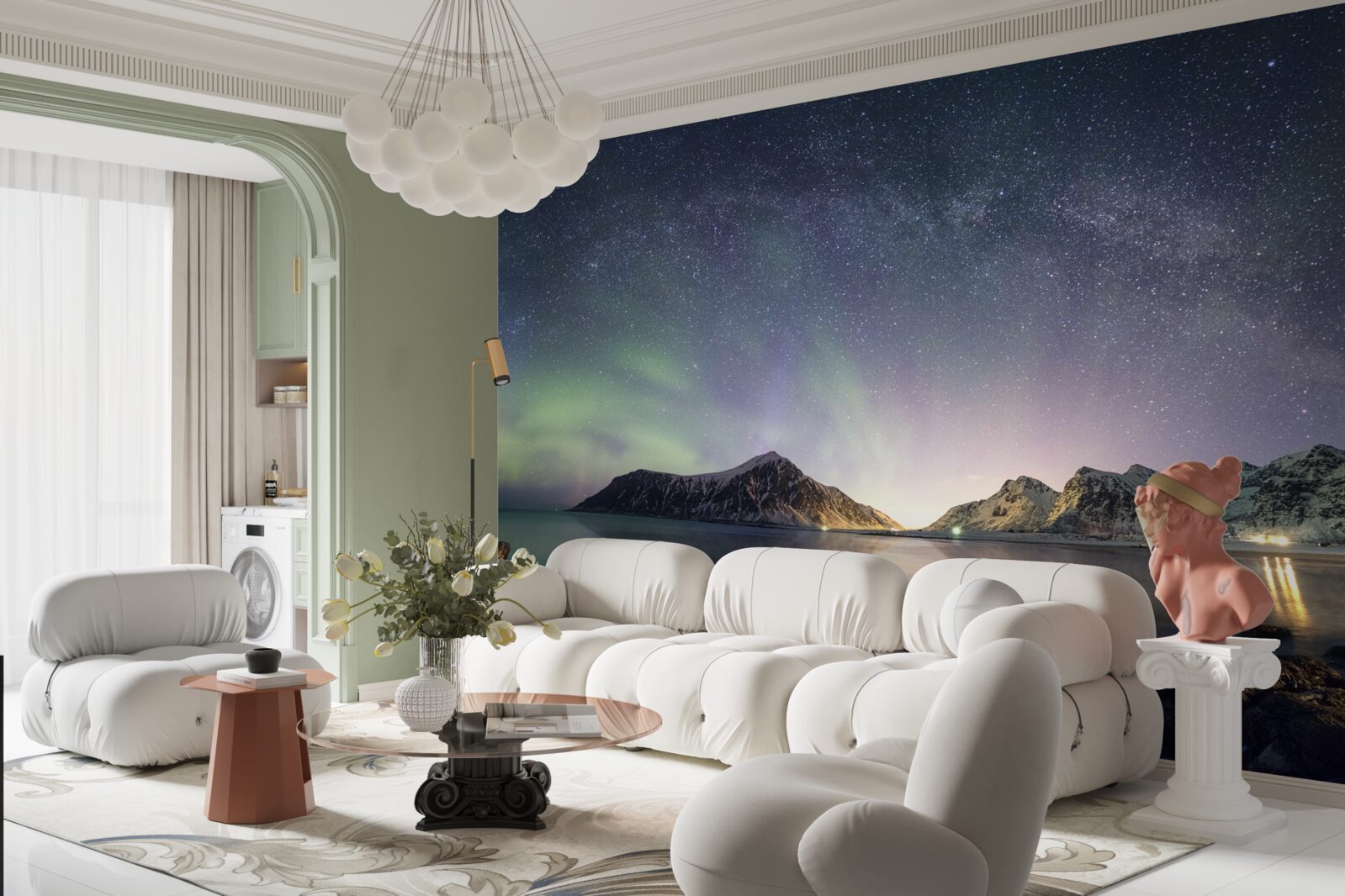 Carta da parati il cielo notturno decorato di stelle e illuminato dall'aurora boreale