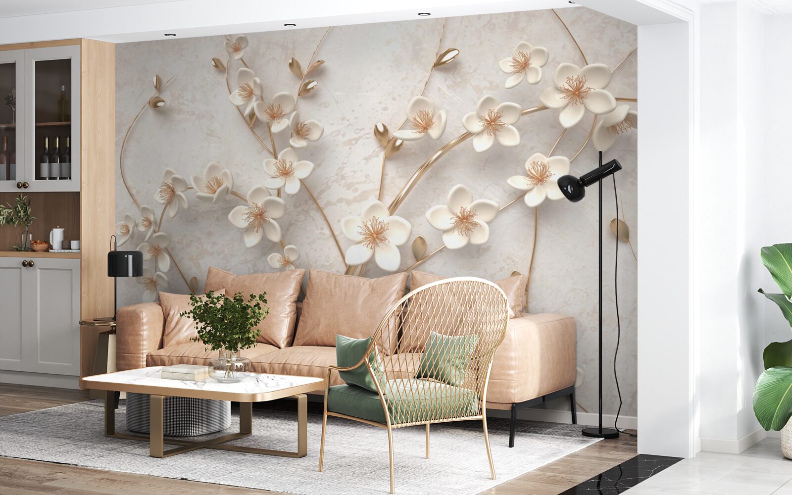 Carta da parati diversi rami con fiori di magnolia bianchi