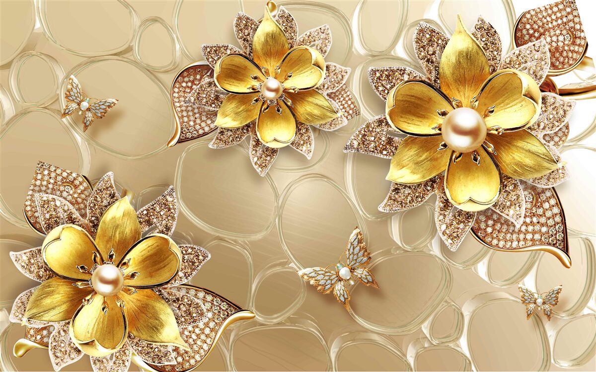 Carta da parati fiori in oro, decorati con cristalli