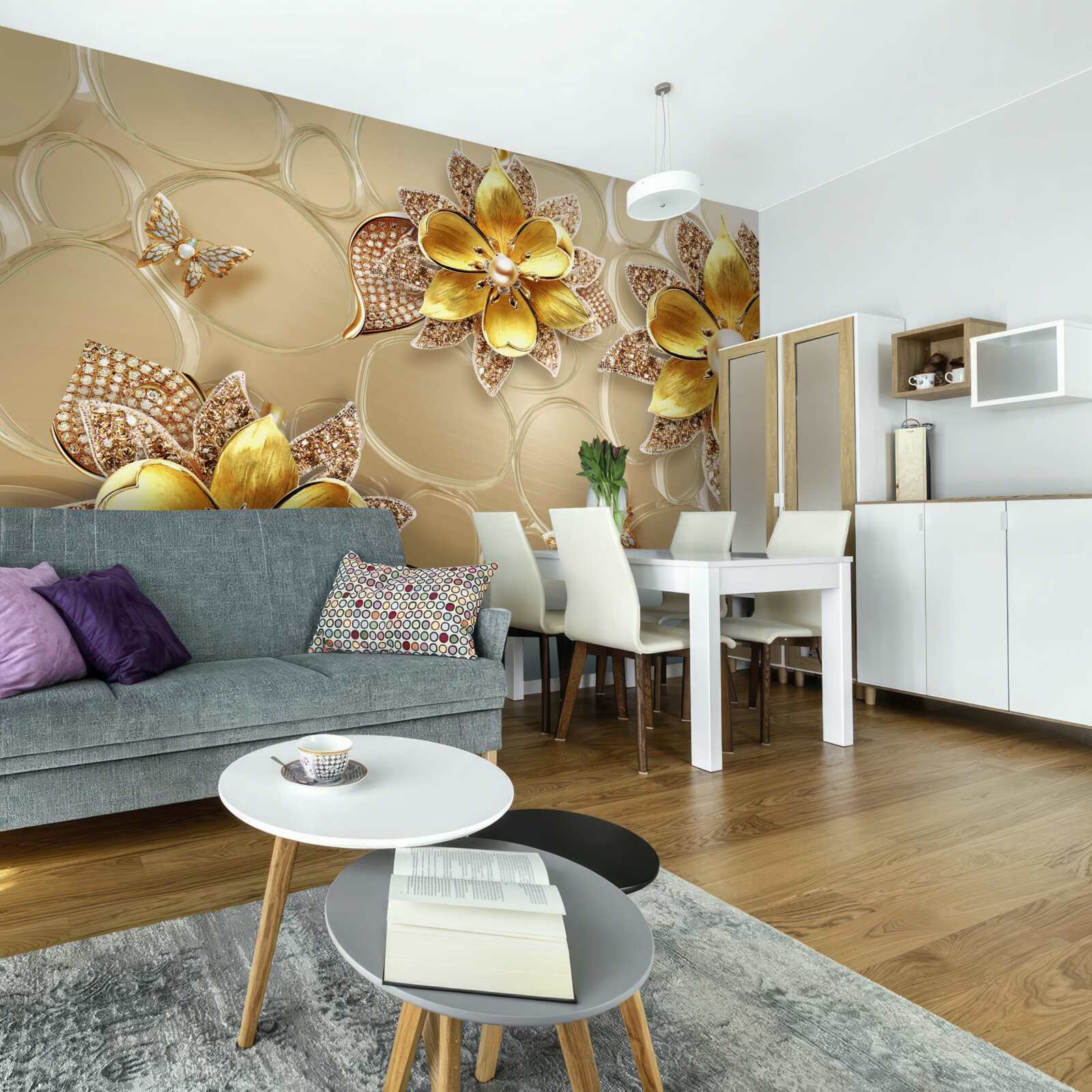 Carta da parati fiori in oro, decorati con cristalli