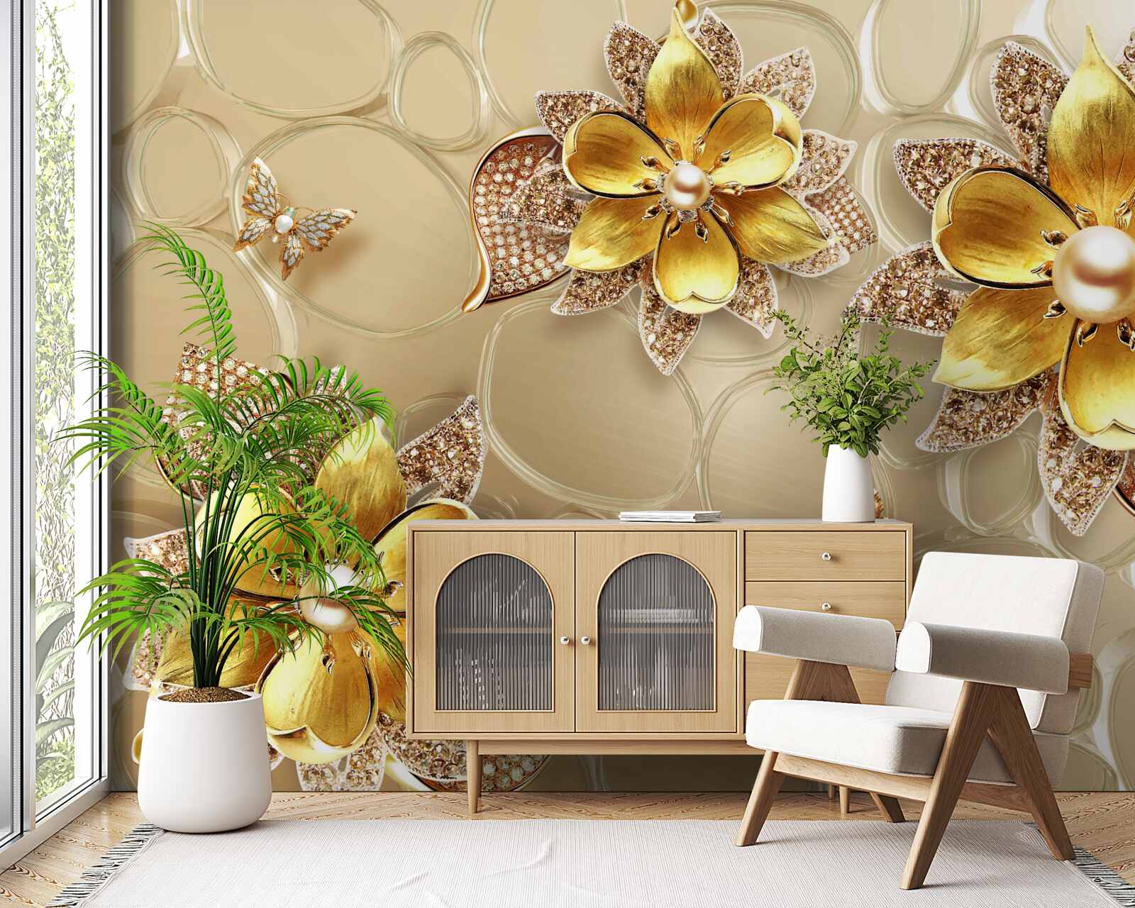 Carta da parati fiori in oro, decorati con cristalli