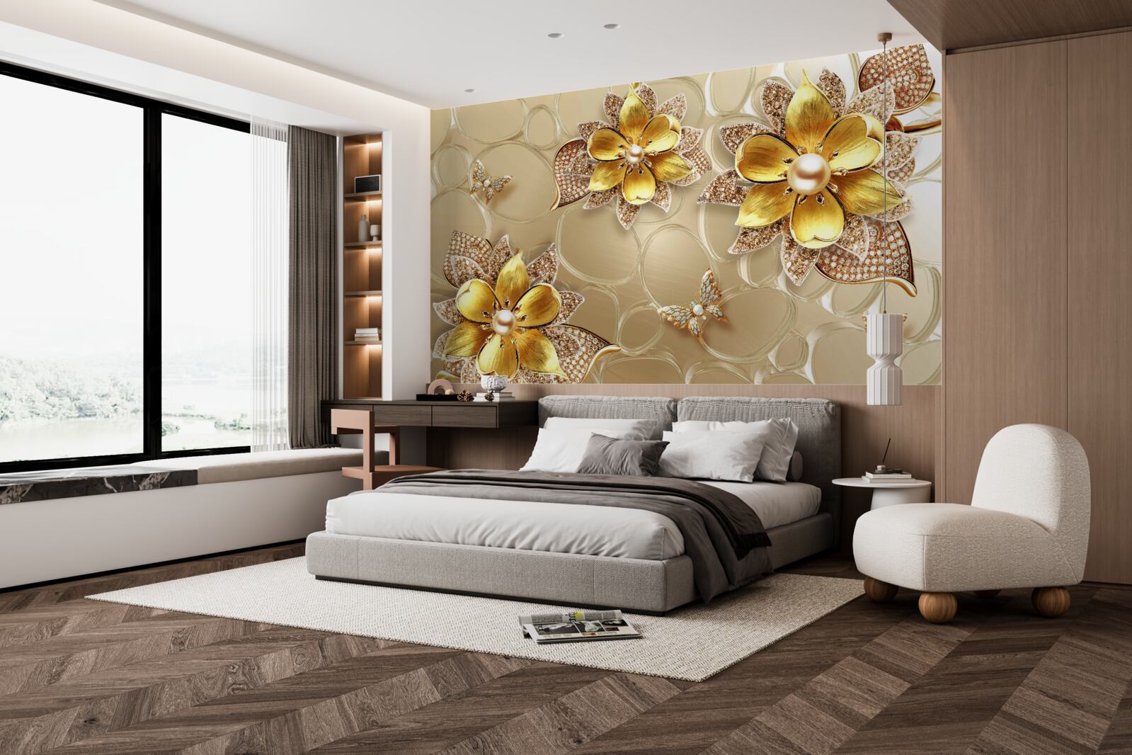 Carta da parati fiori in oro, decorati con cristalli