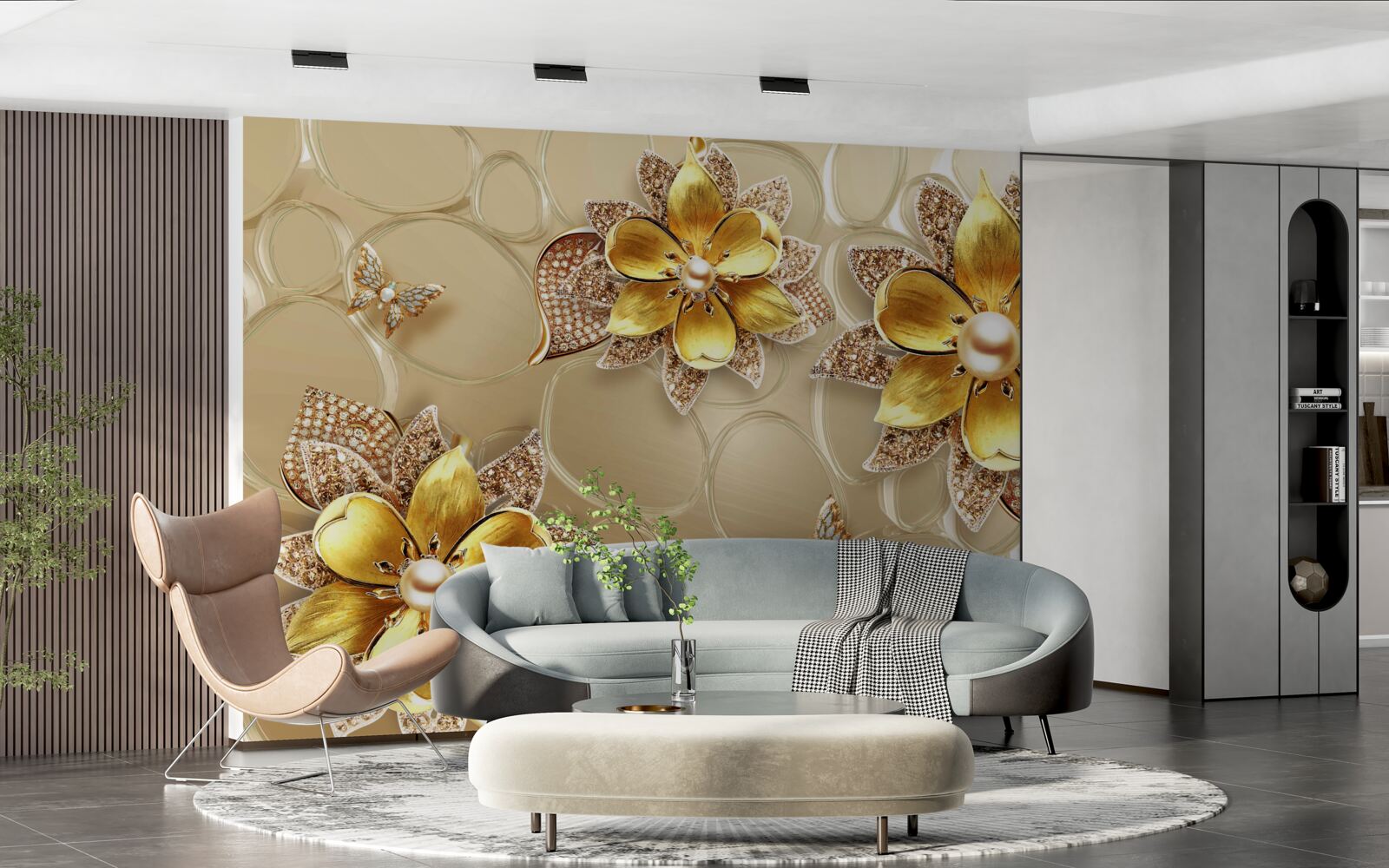 Carta da parati fiori in oro, decorati con cristalli