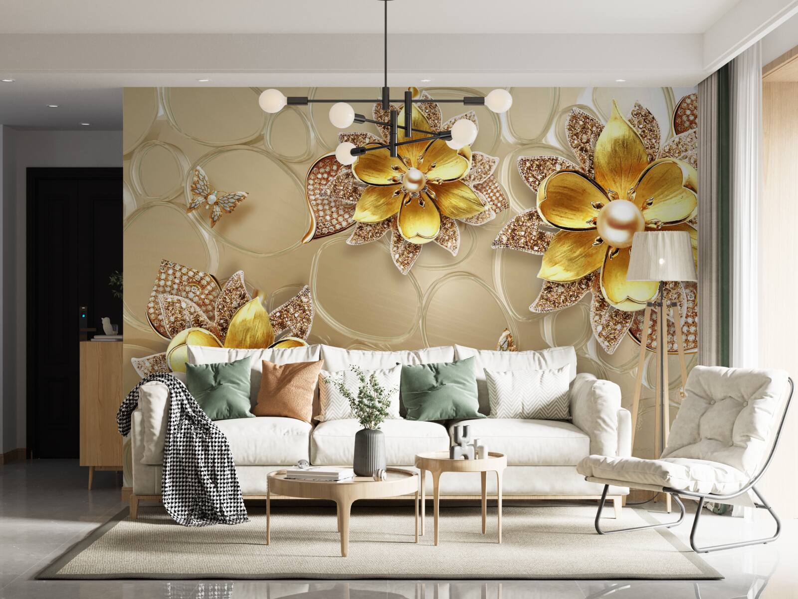 Carta da parati fiori in oro, decorati con cristalli