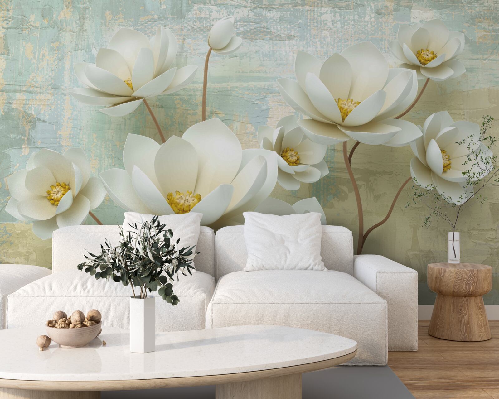 Carta da parati i rami di magnolia fioriscono di bianco