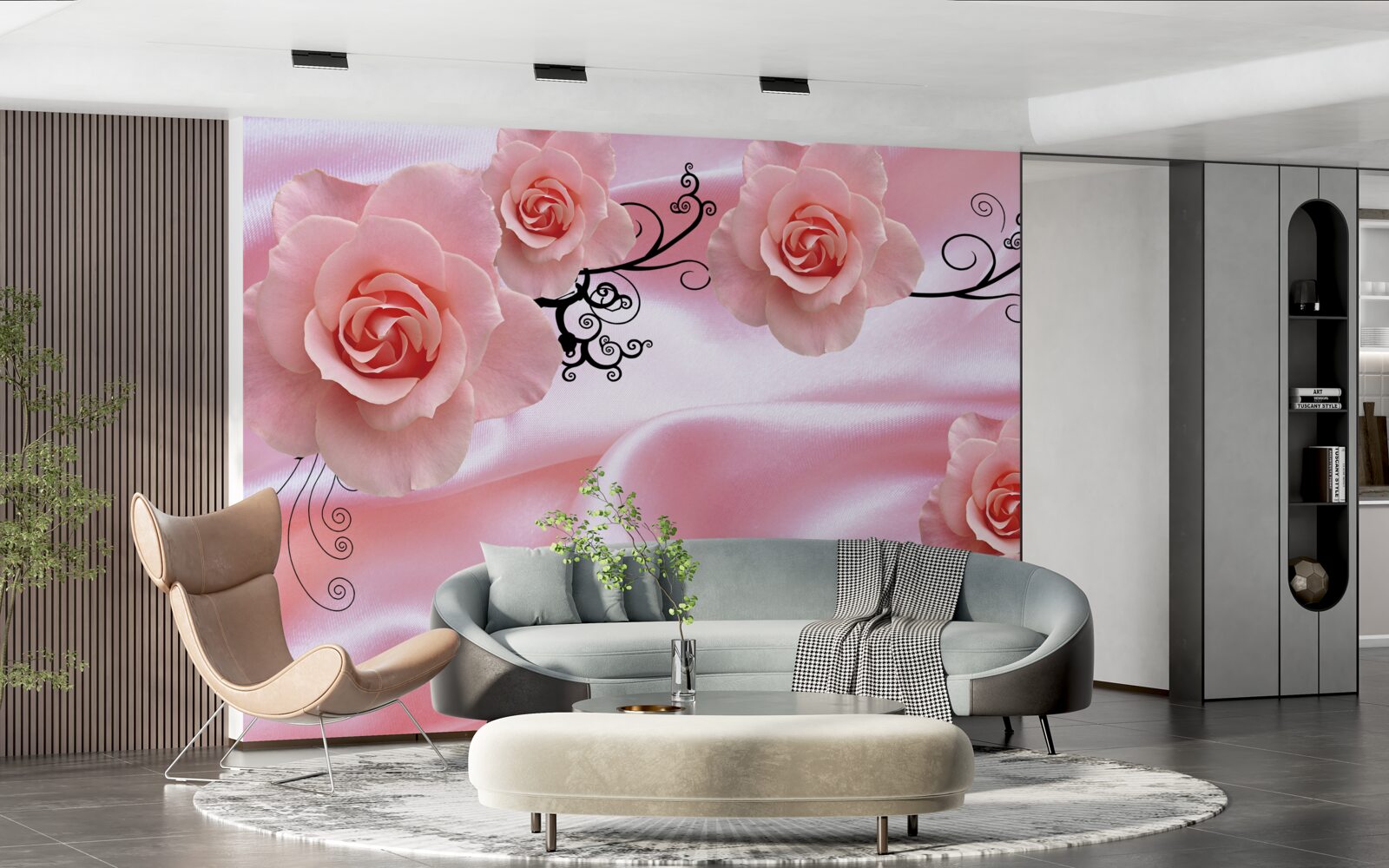 Carta da parati fiori rosa su tessuto di seta rosa