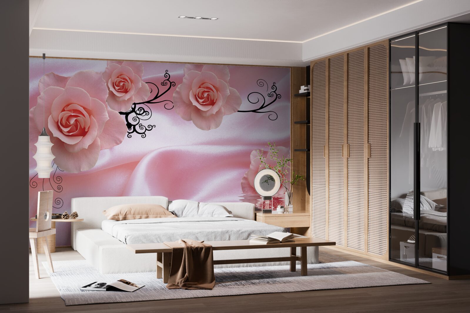 Carta da parati fiori rosa su tessuto di seta rosa