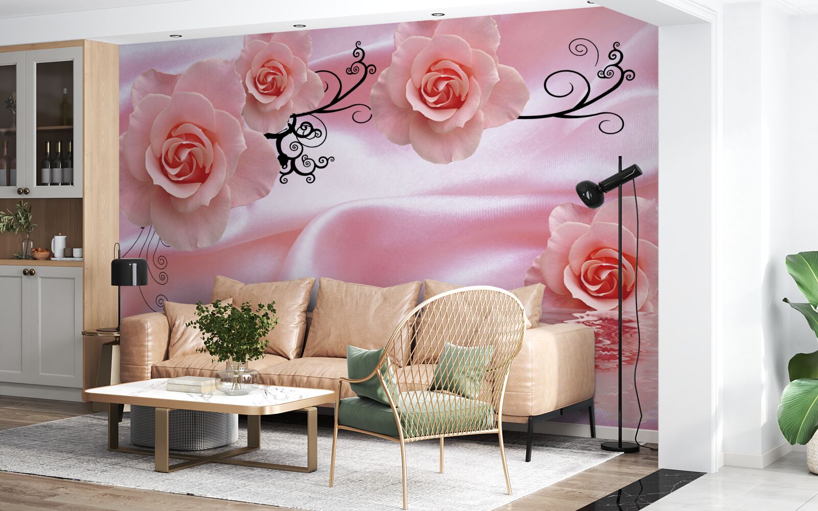 Carta da parati fiori rosa su tessuto di seta rosa