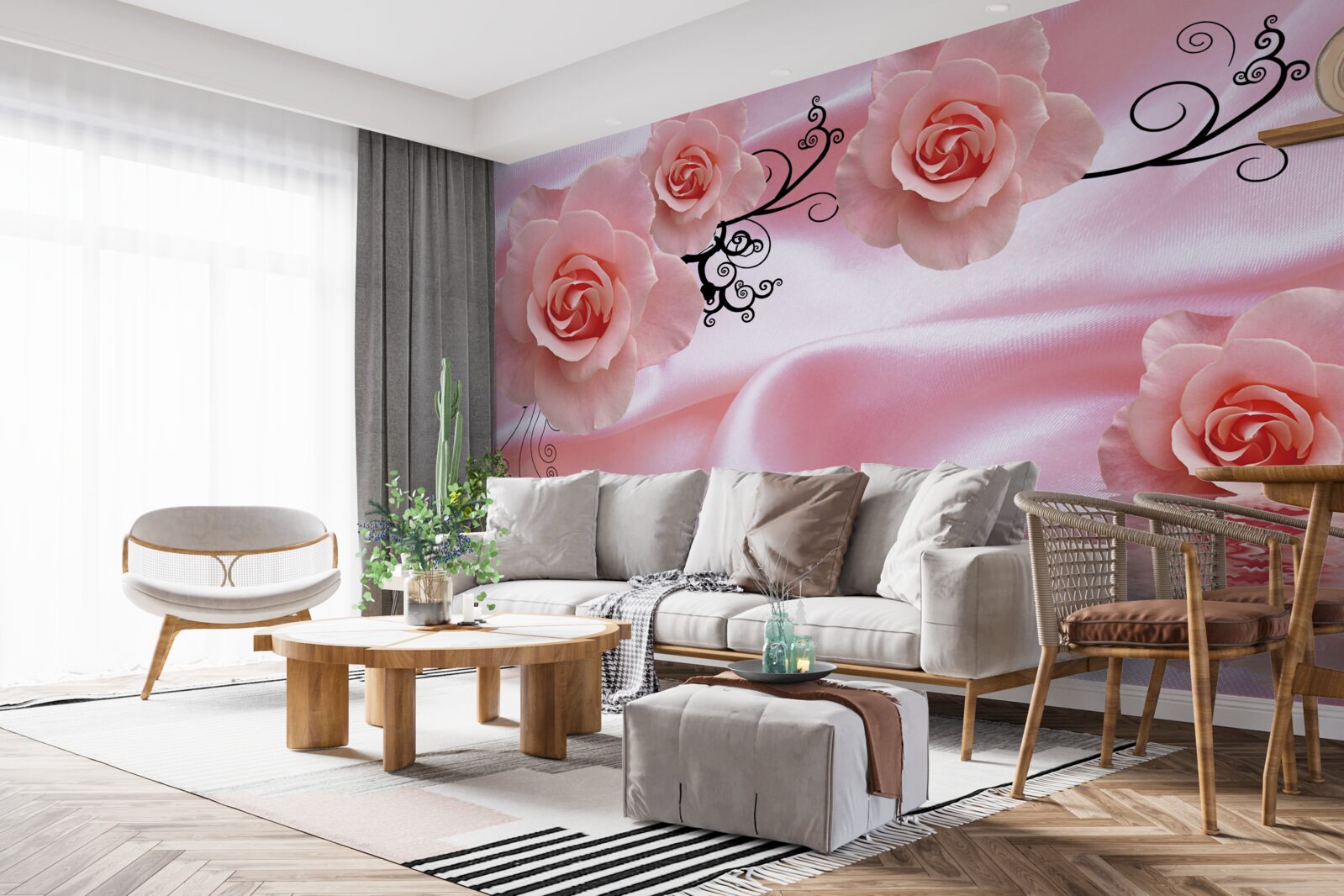 Carta da parati fiori rosa su tessuto di seta rosa
