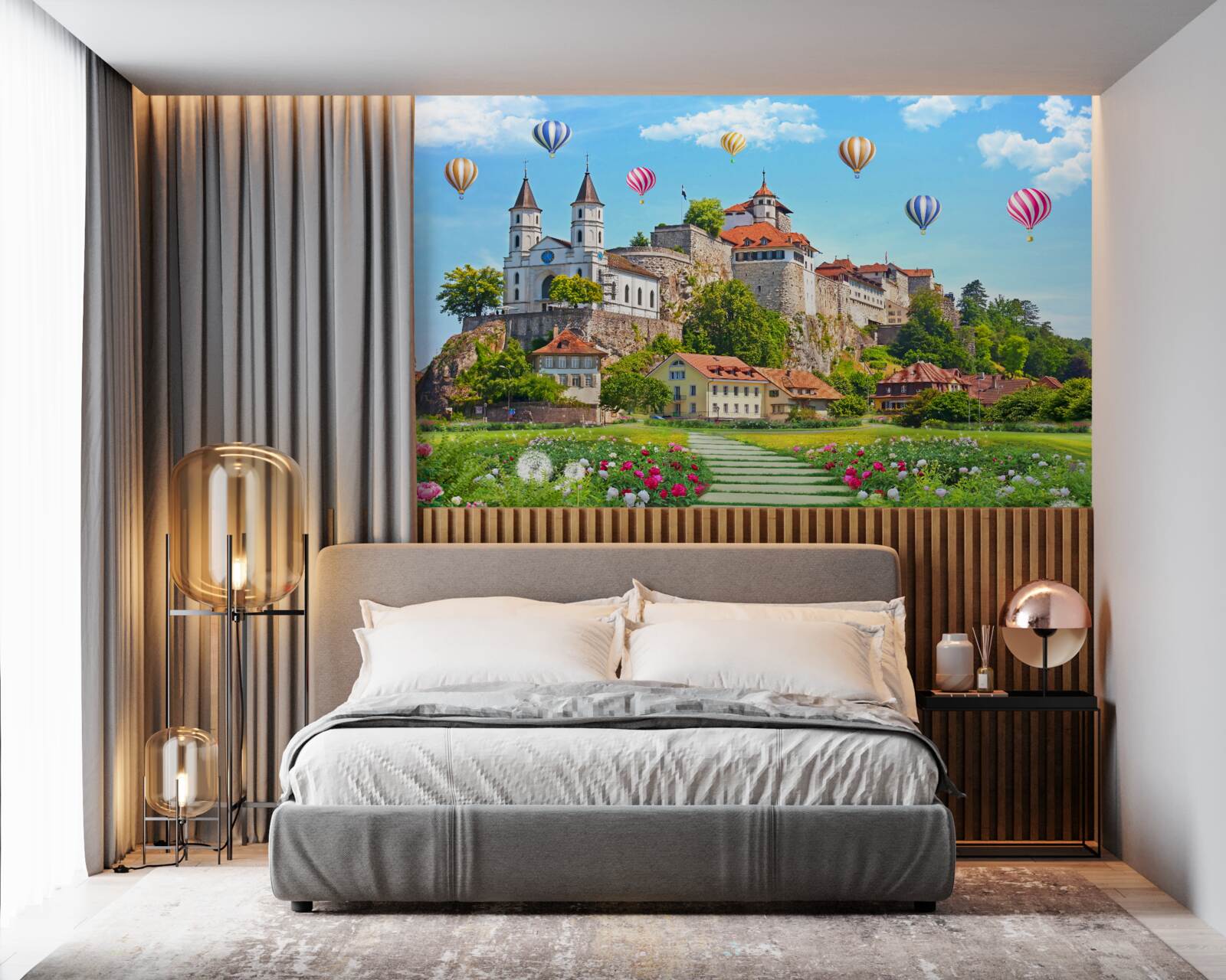 Fototapeta wielokolorowe balony latają wysoko nad dachami miast