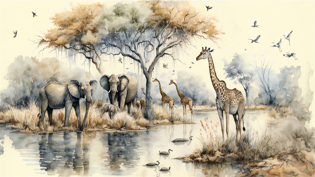 Carta da parati animali africani vicino allo stagno