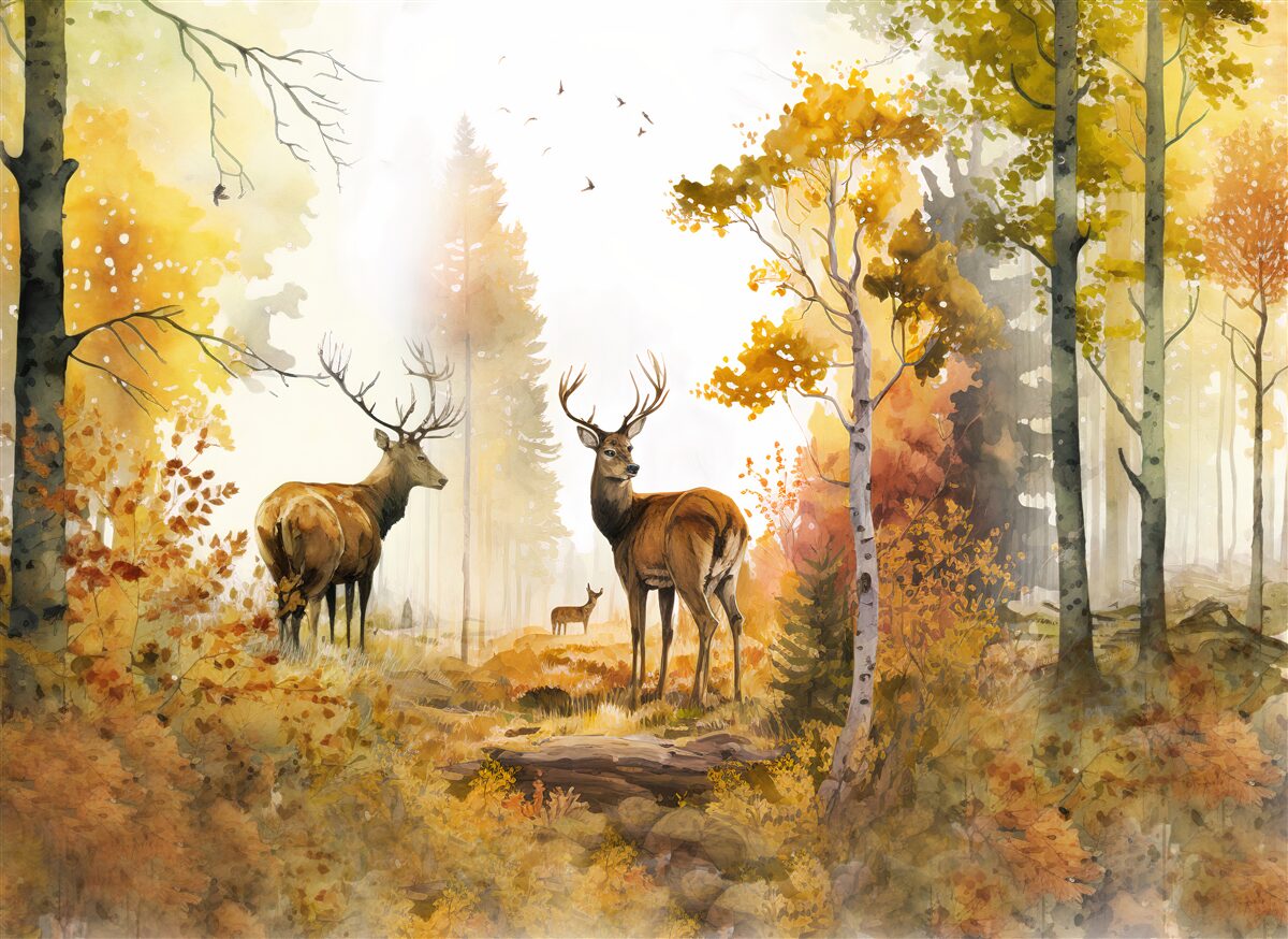Carta da parati il bosco autunnale diventa un'area di passeggio per i cervi