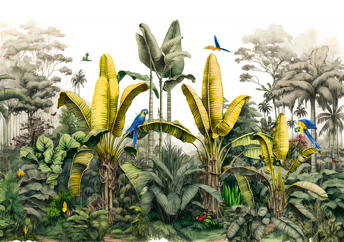Carta da parati foglie di felce dorate scintillano nel verde della foresta