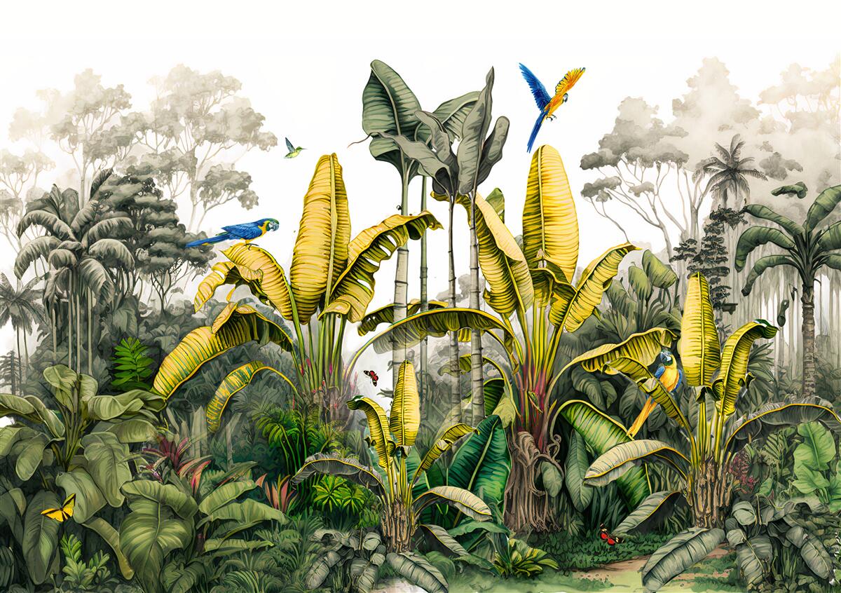 Carta da parati grandi rami di una felce dorata in una foresta tropicale