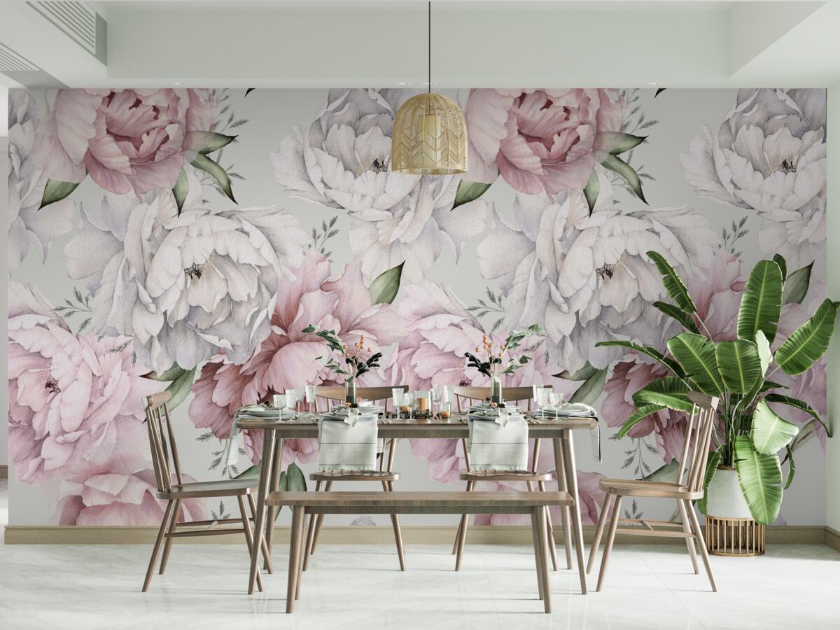Carta da parati bellissime peonie nei toni del bianco e del rosa