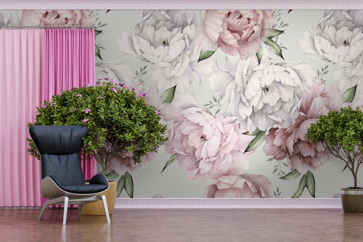 Carta da parati bellissime peonie nei toni del bianco e del rosa