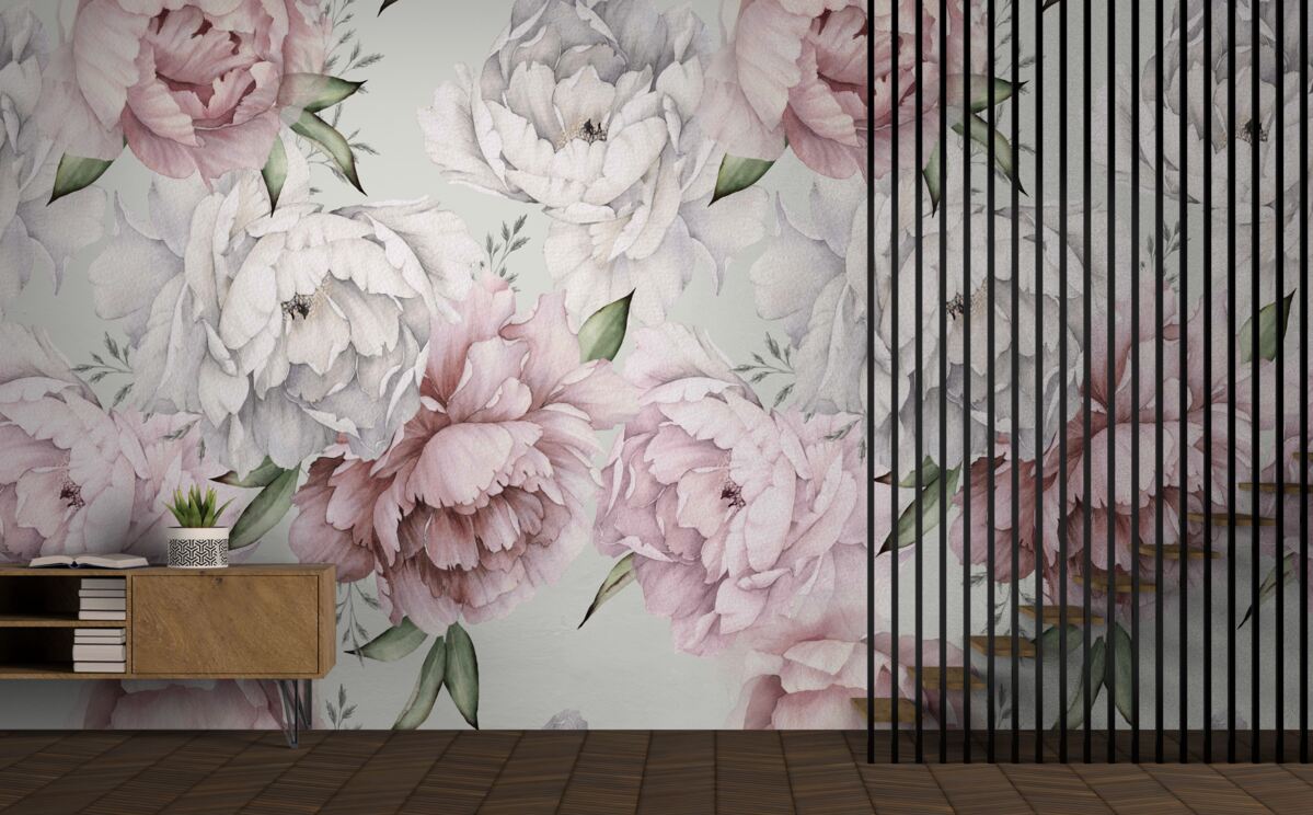 Carta da parati bellissime peonie nei toni del bianco e del rosa