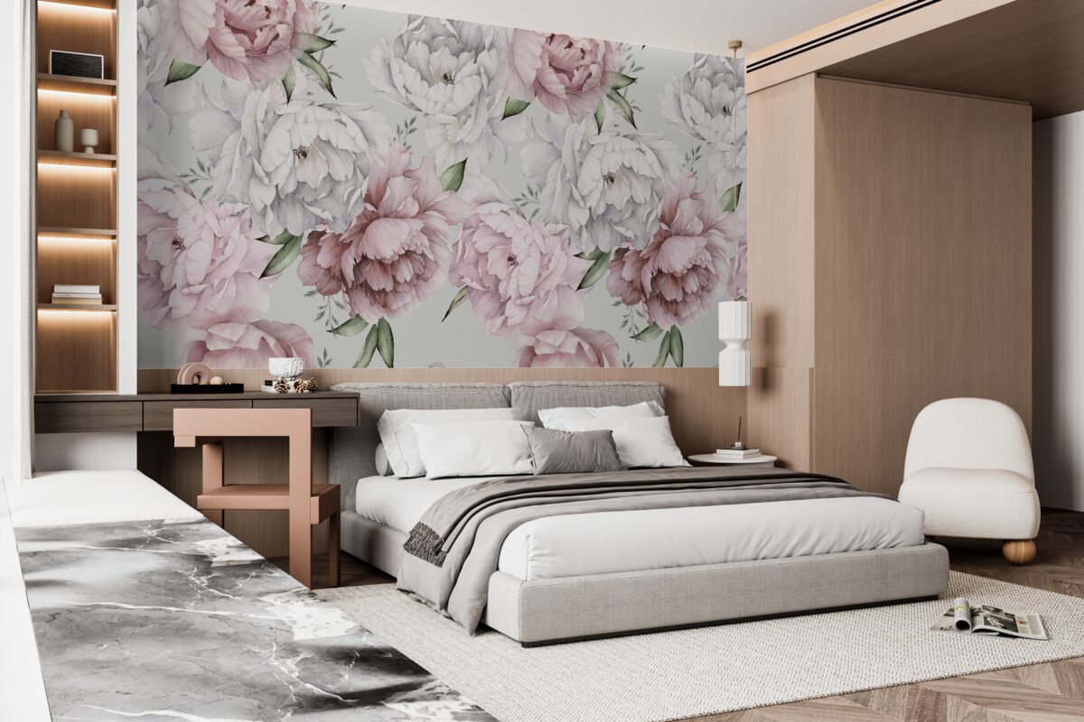 Carta da parati bellissime peonie nei toni del bianco e del rosa
