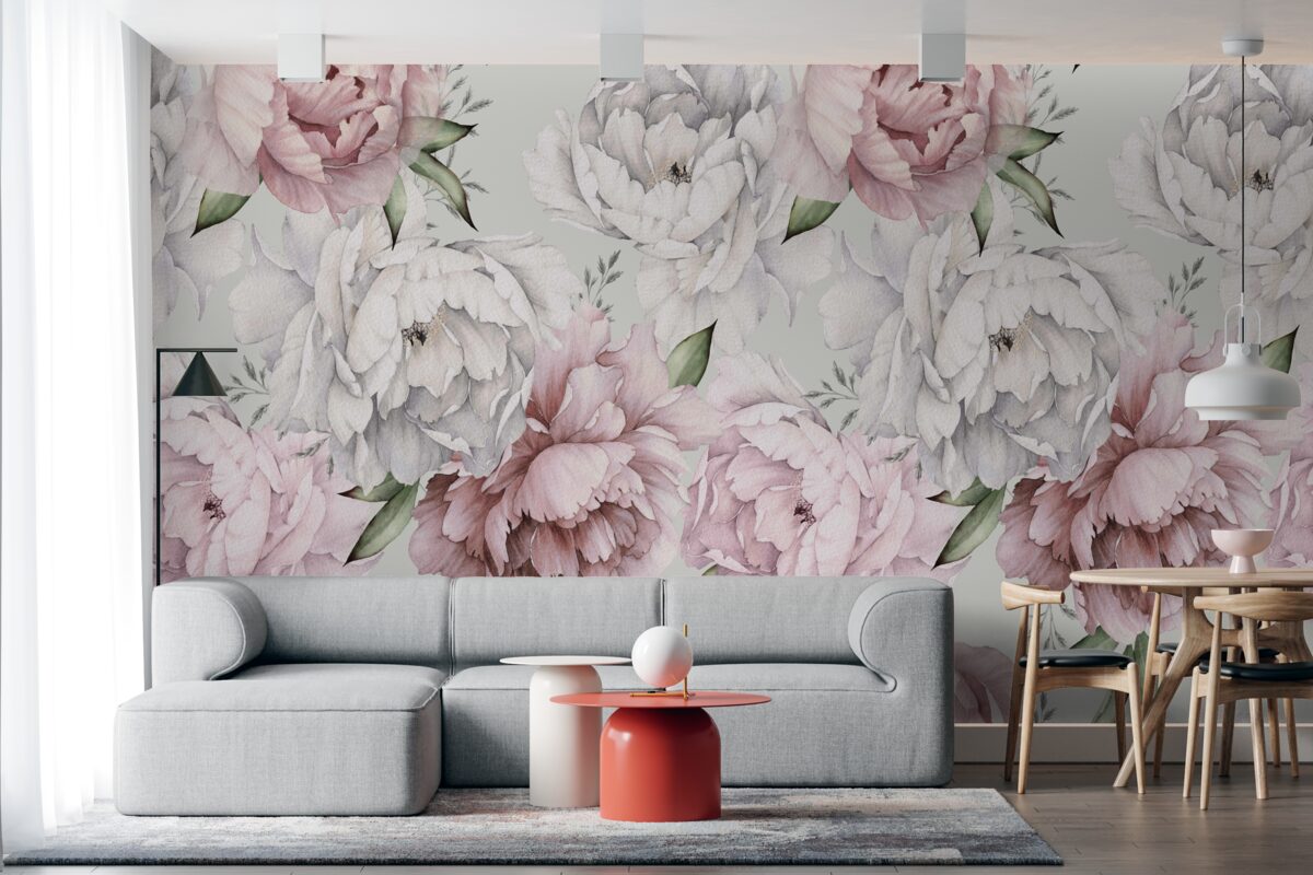 Carta da parati bellissime peonie nei toni del bianco e del rosa