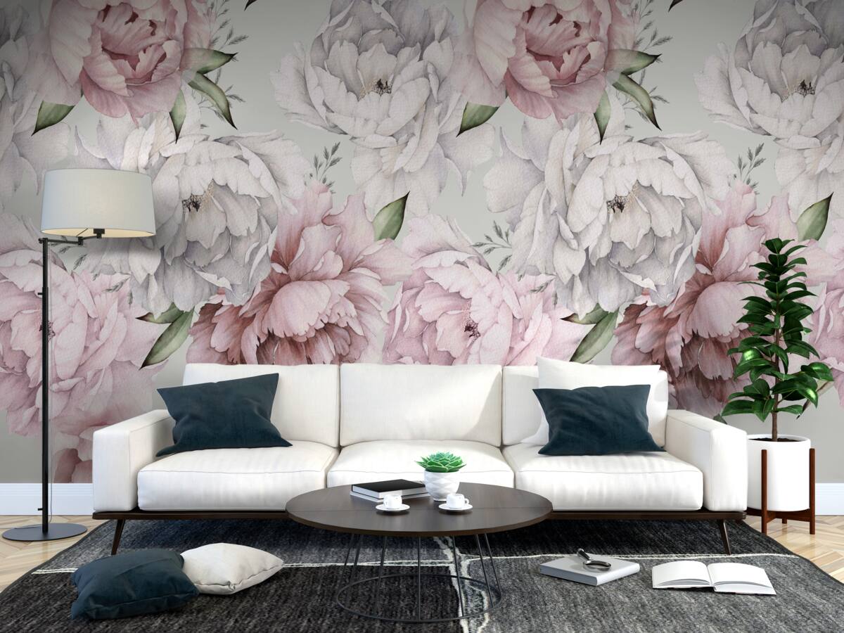 Carta da parati bellissime peonie nei toni del bianco e del rosa