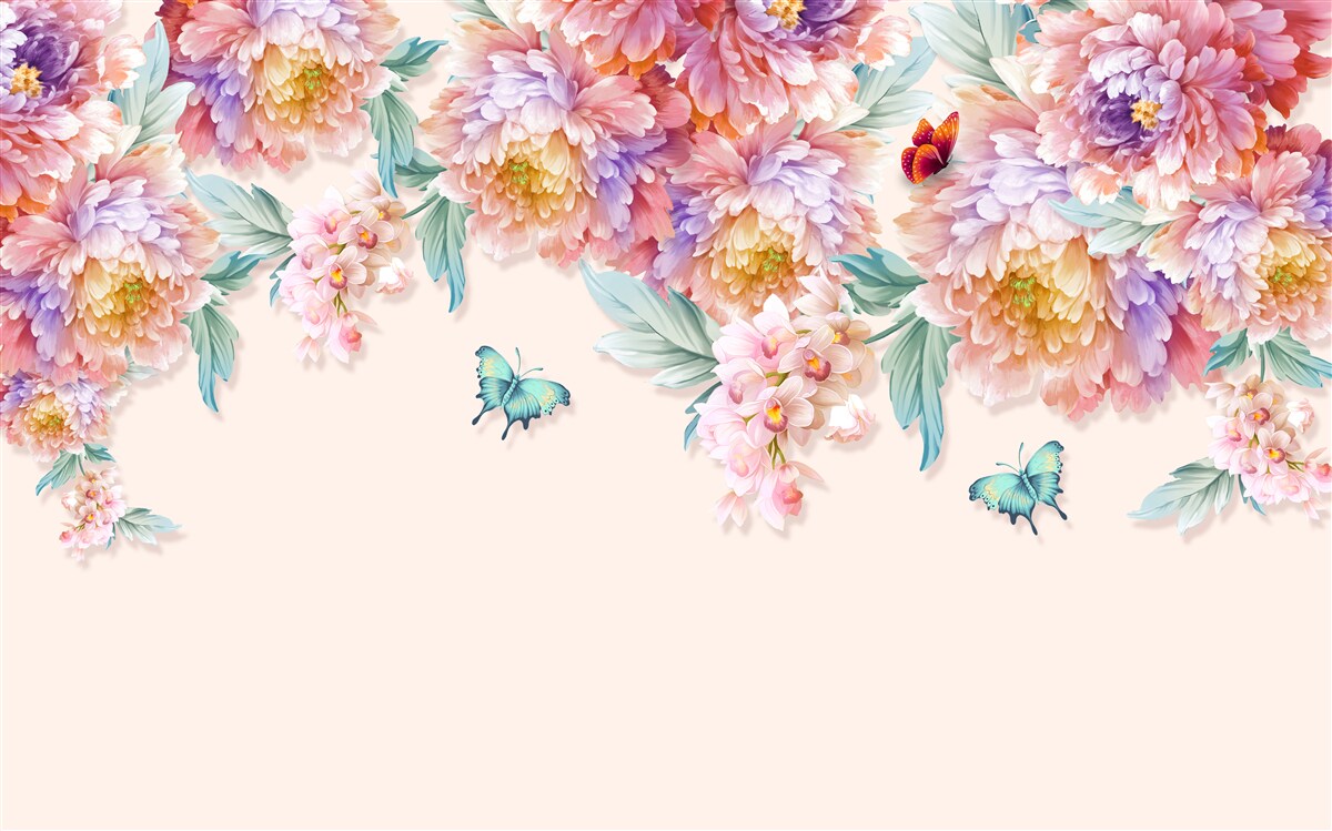 Carta da parati i fiori di primavera sono punteggiati di farfalle