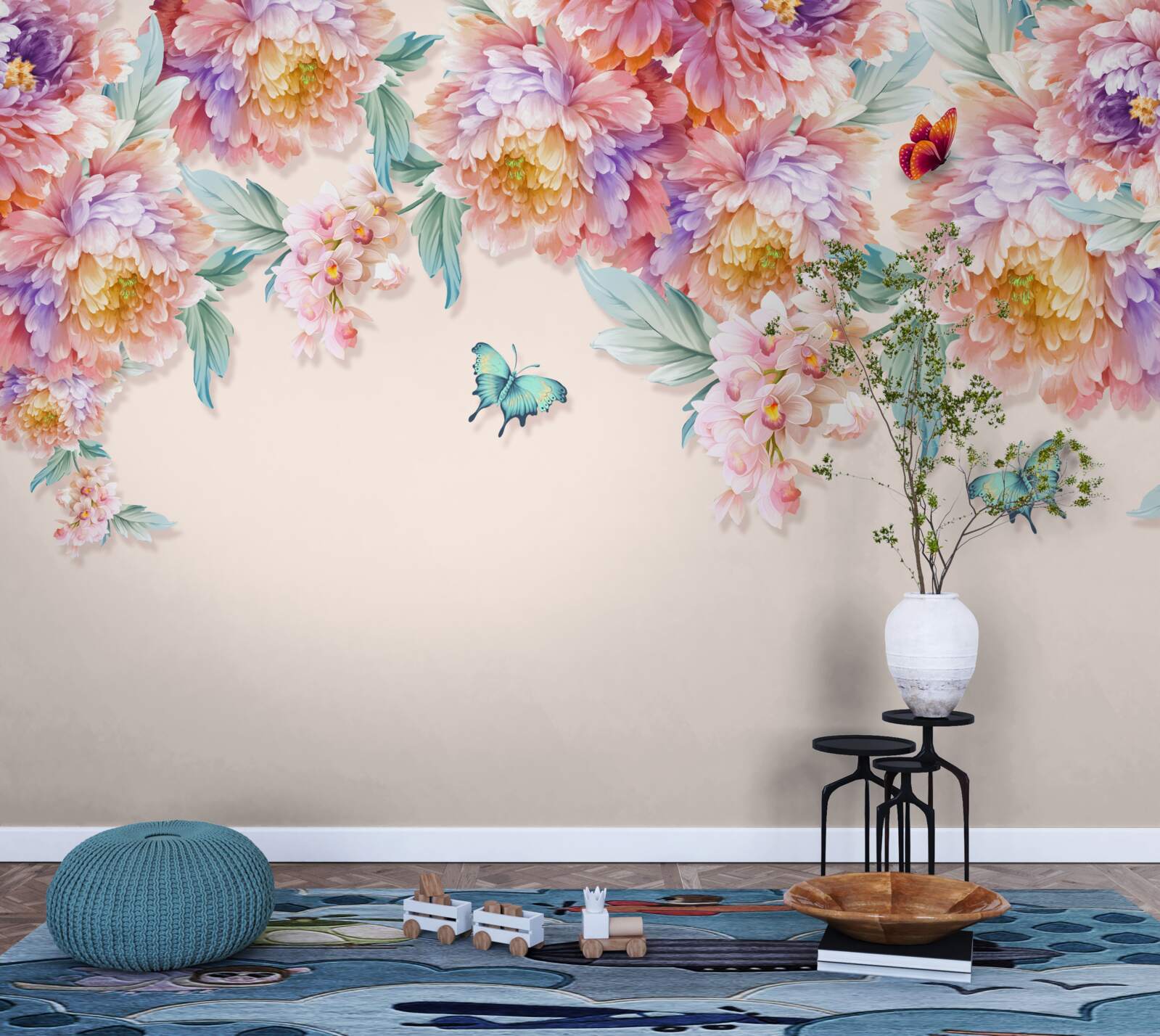 Carta da parati i fiori di primavera sono punteggiati di farfalle