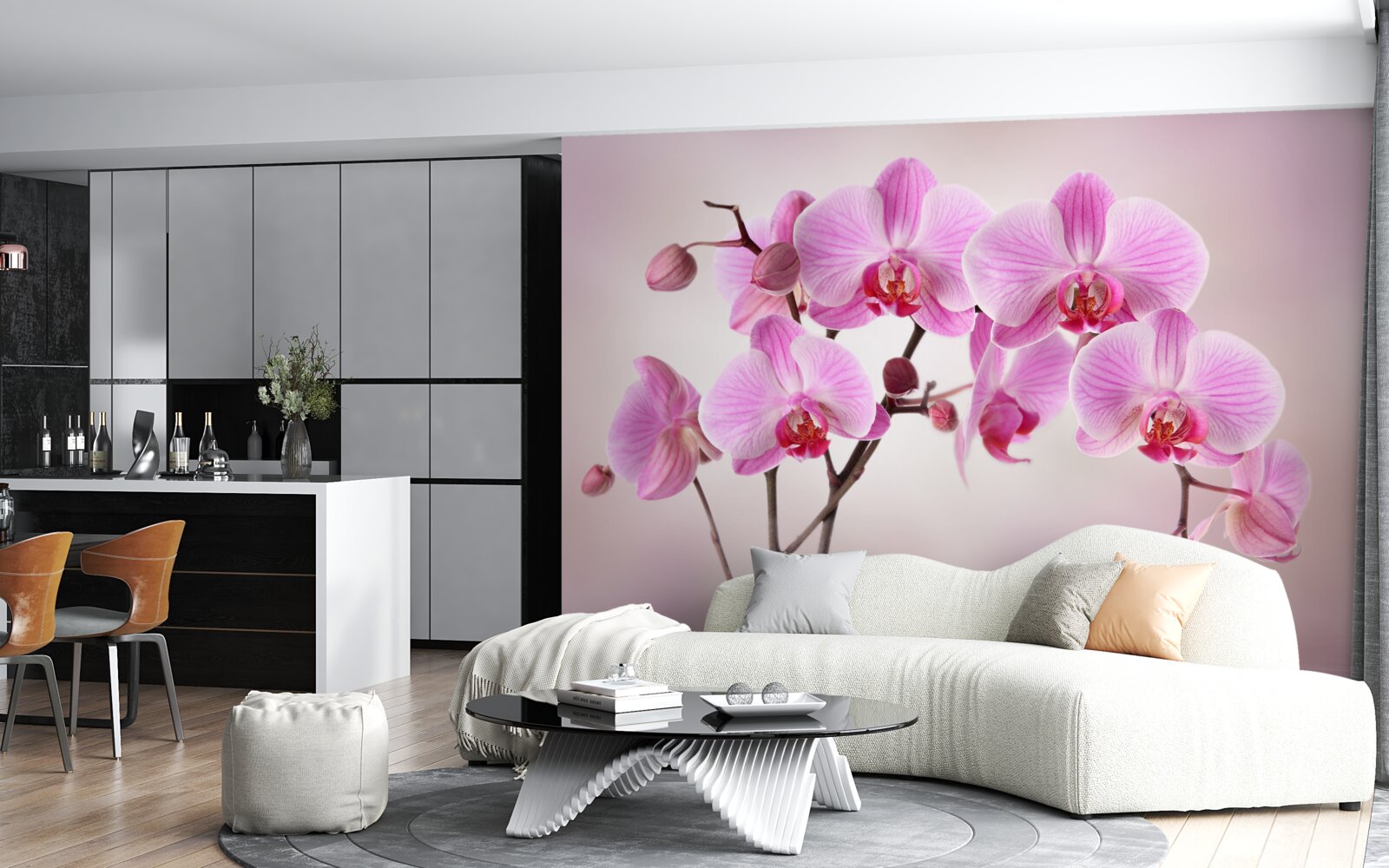 Carta da parati sull'acqua pendono i rami di un'orchidea lilla