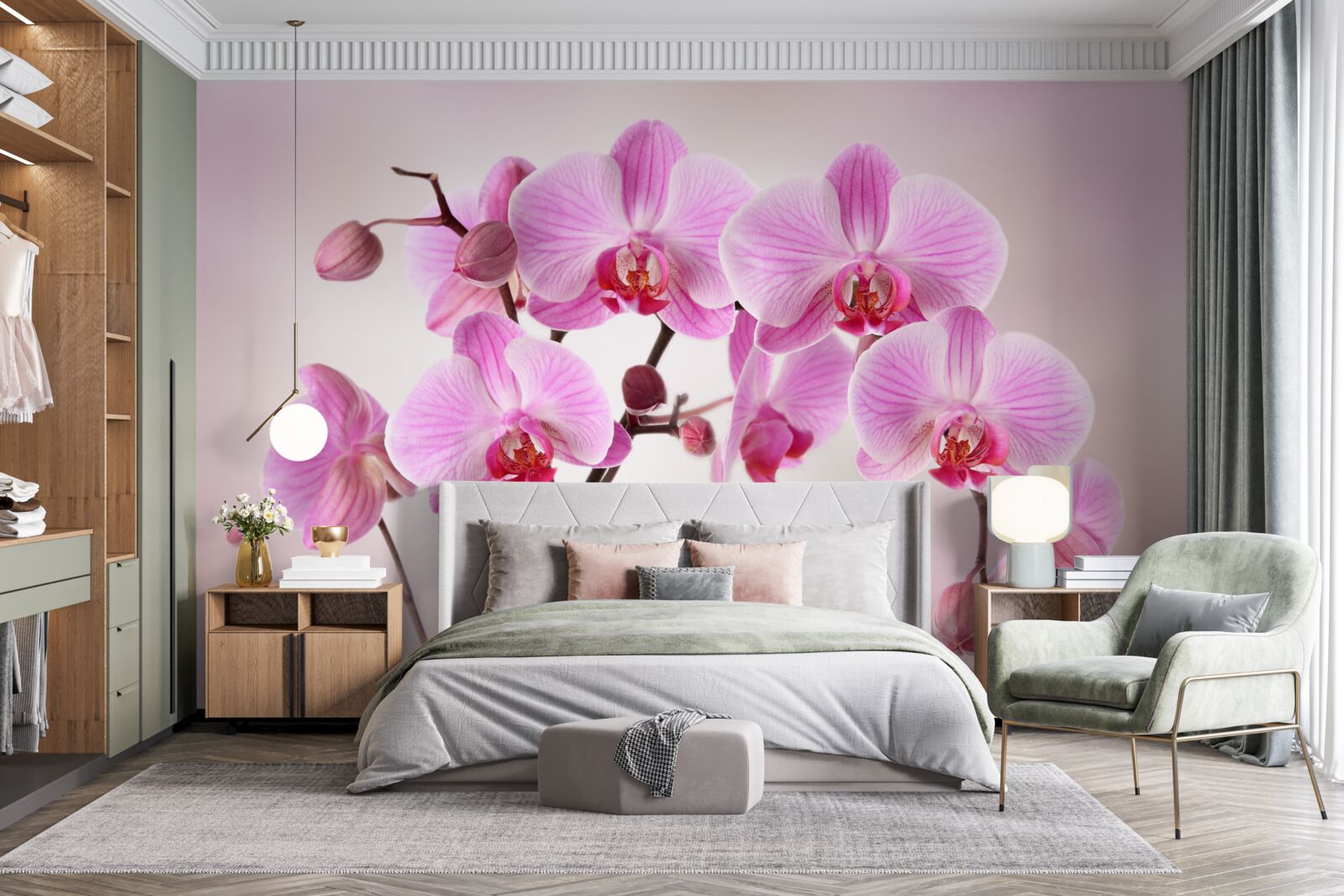 Carta da parati sull'acqua pendono i rami di un'orchidea lilla